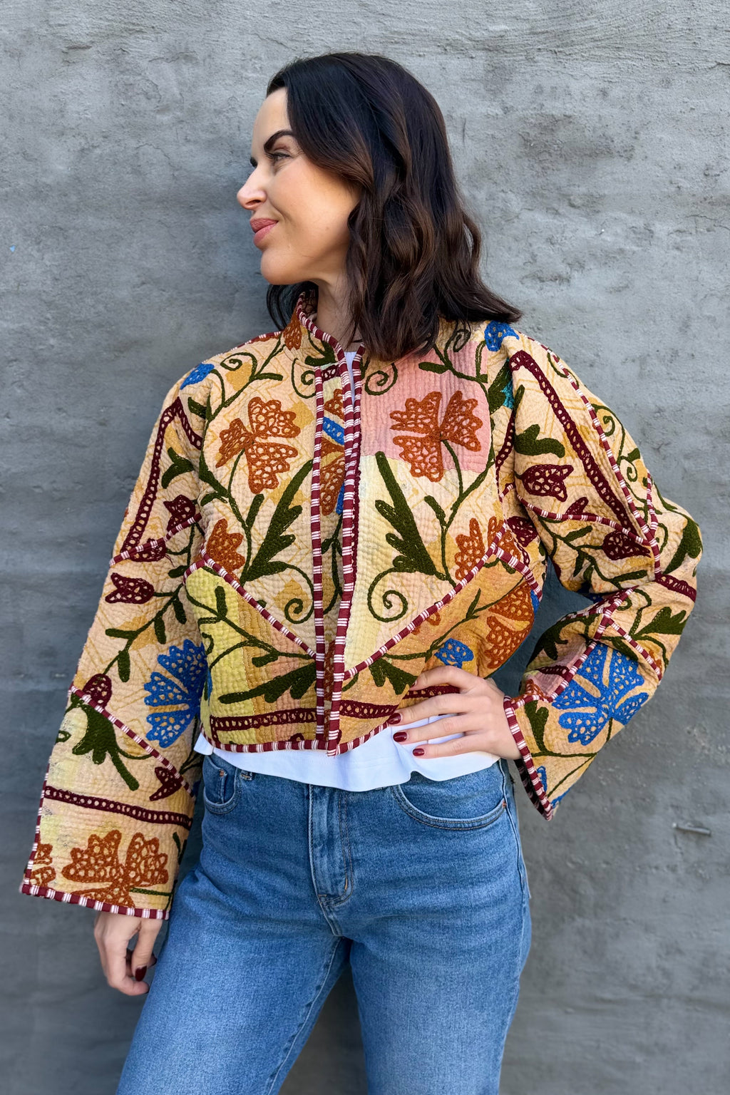 Vintage Kantha Jacket In Royal & Chocolate