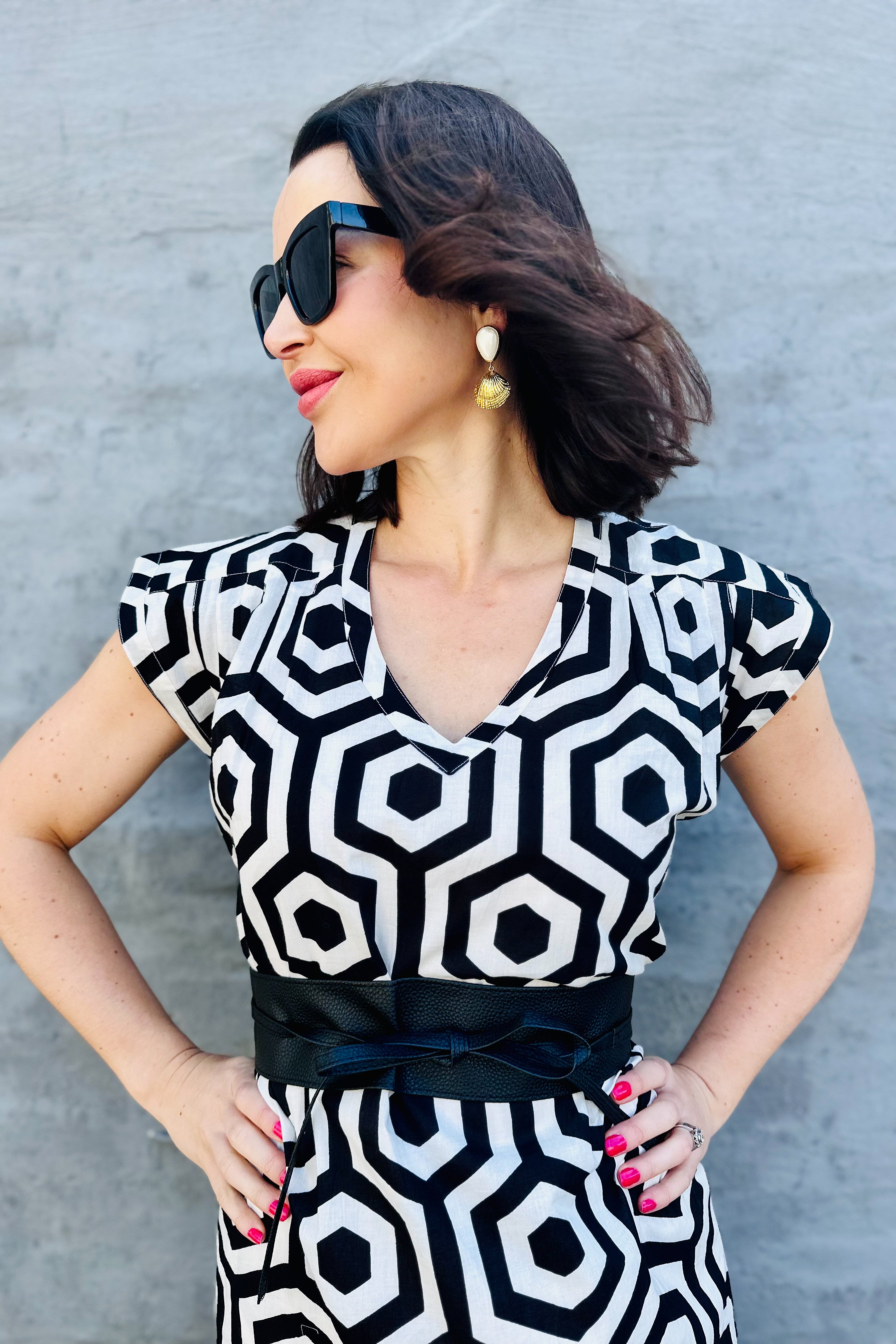 Savita Dress In Black & White Geometric