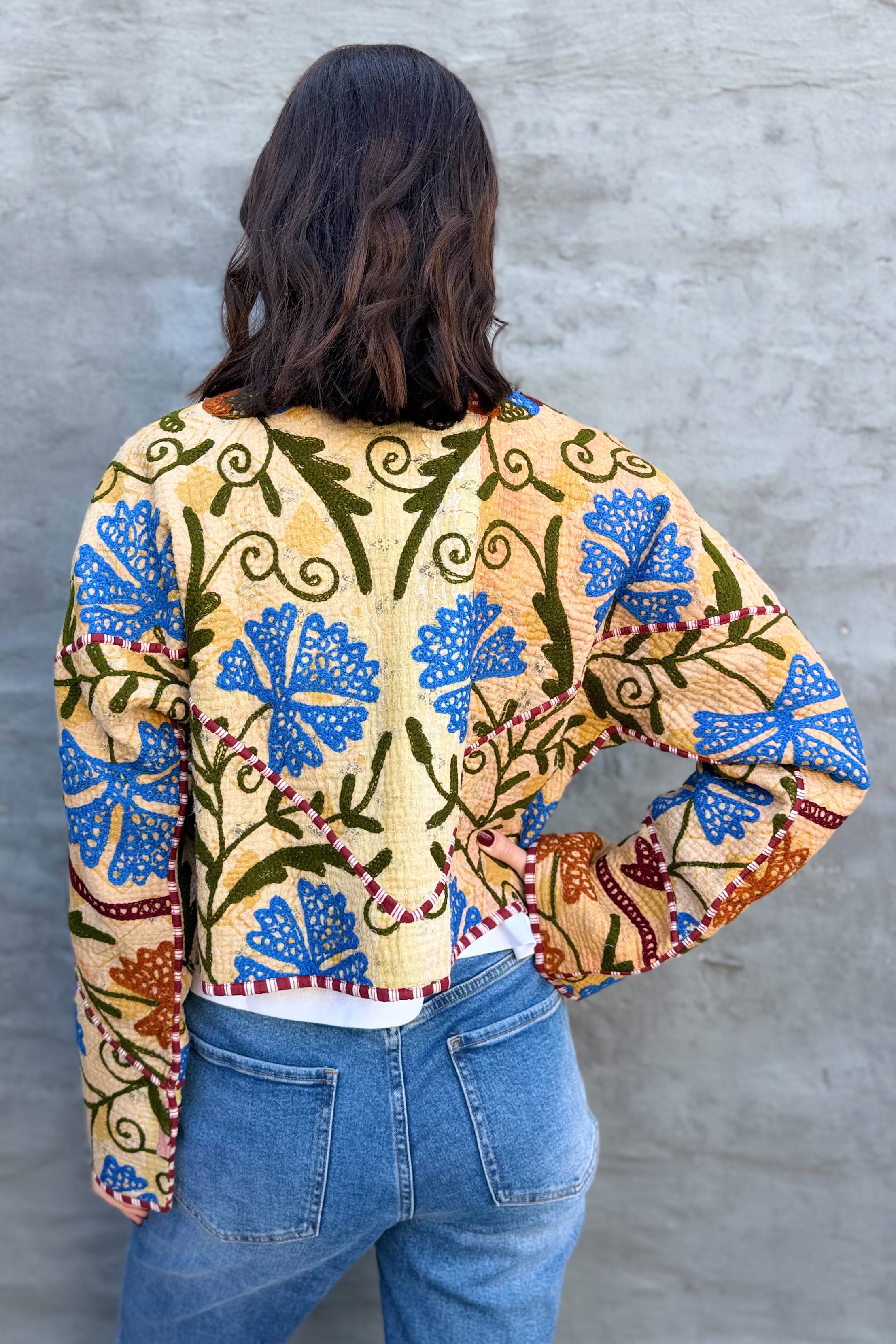 Vintage Kantha Jacket In Royal & Chocolate