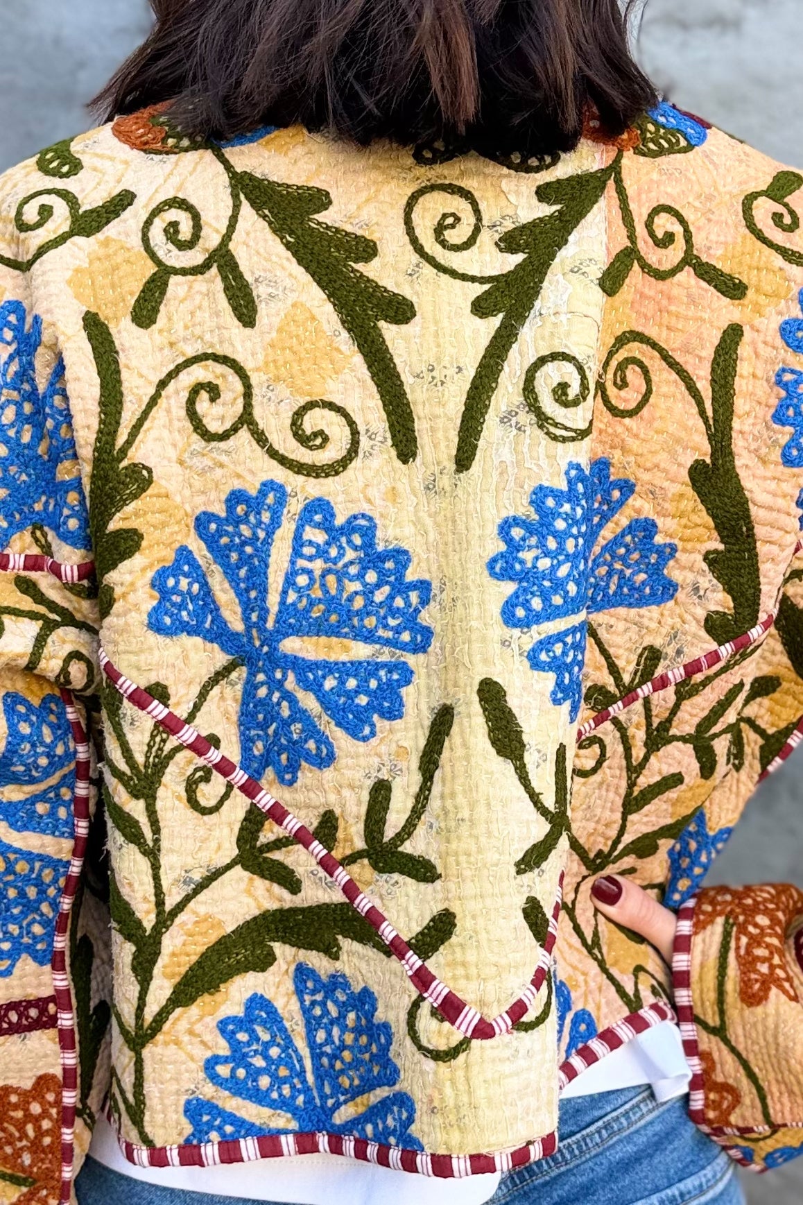 Vintage Kantha Jacket In Royal & Chocolate