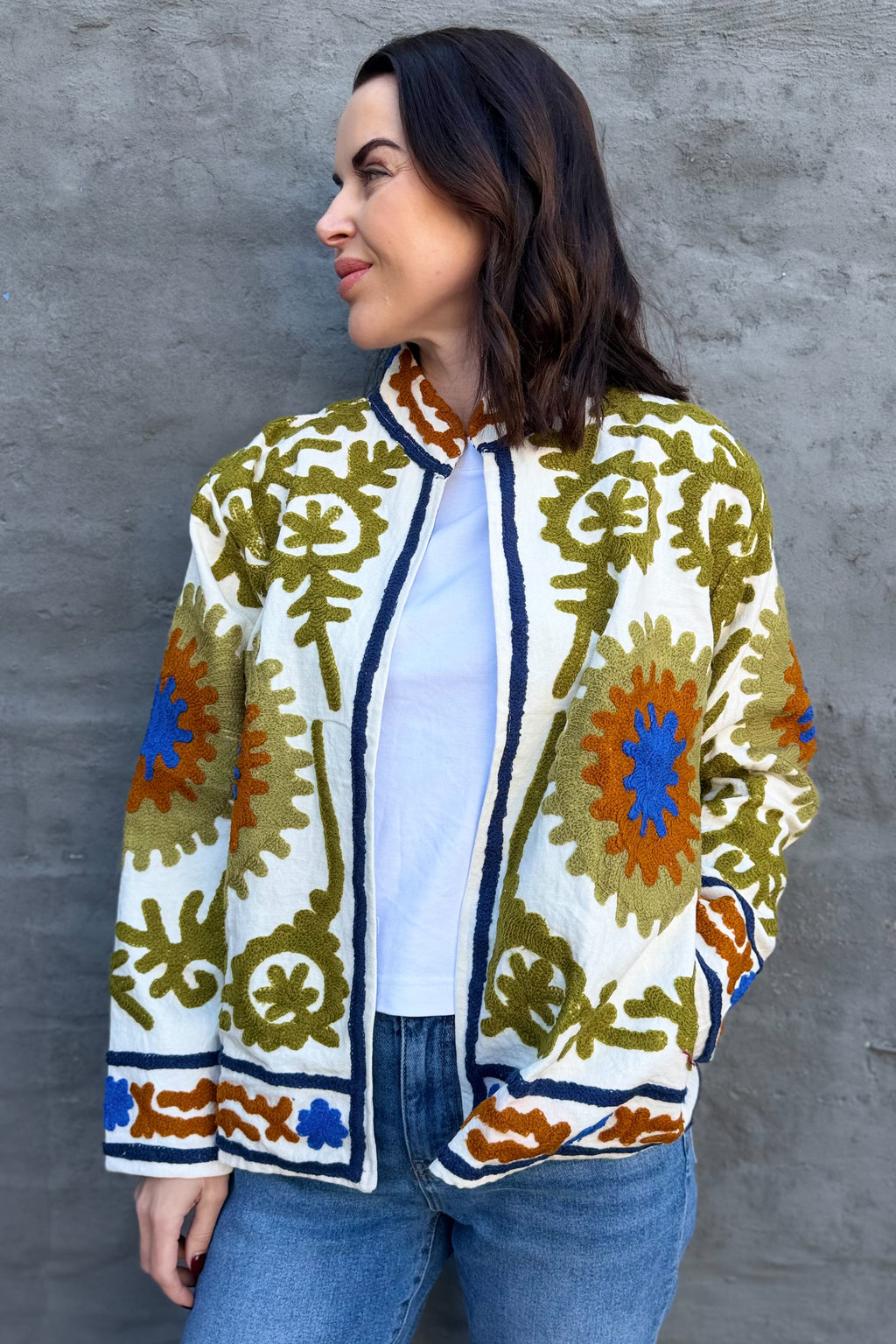 Cotton Suzani Jacket In Milk & Olive