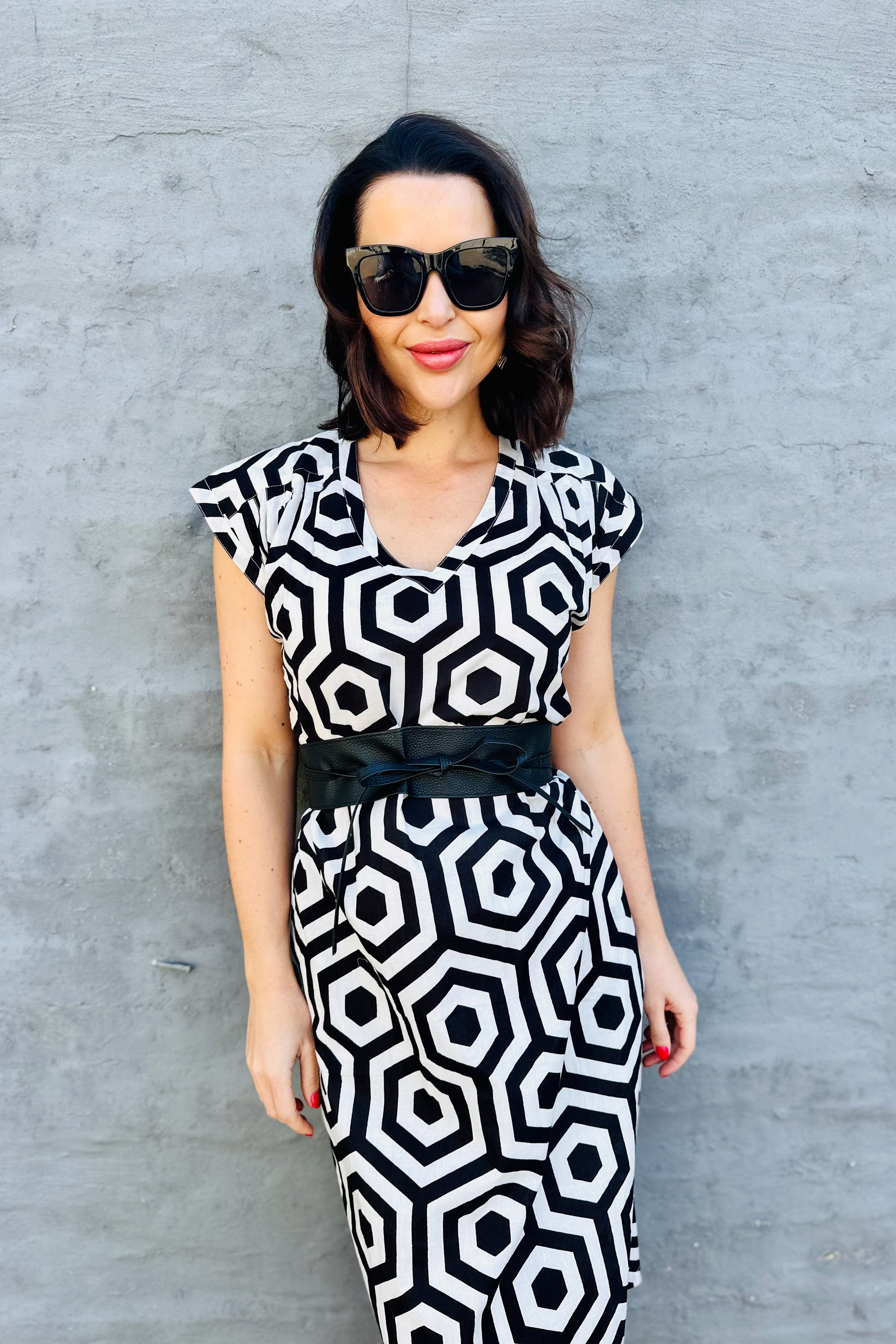 Savita Dress In Black & White Geometric