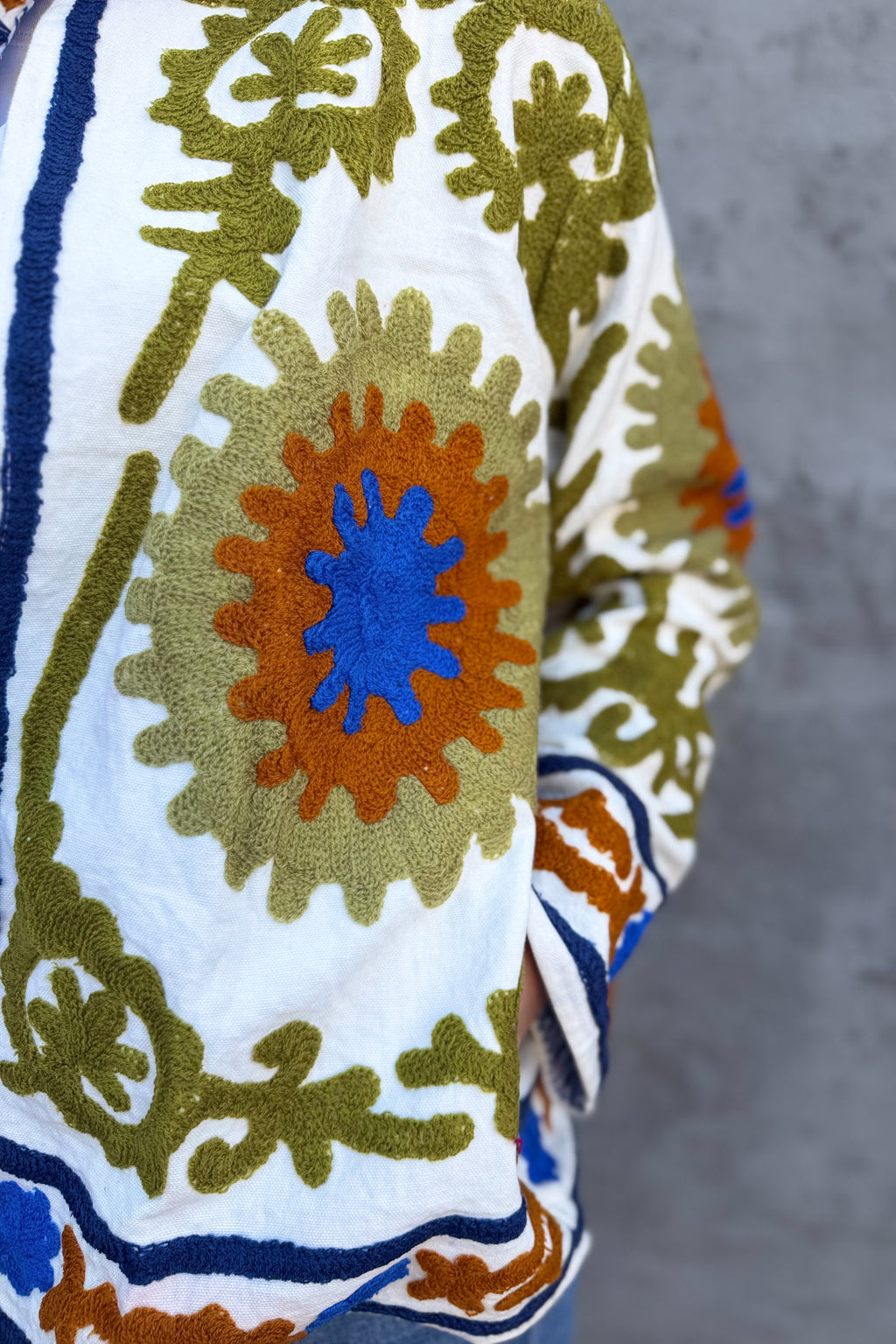 Cotton Suzani Jacket In Milk & Olive