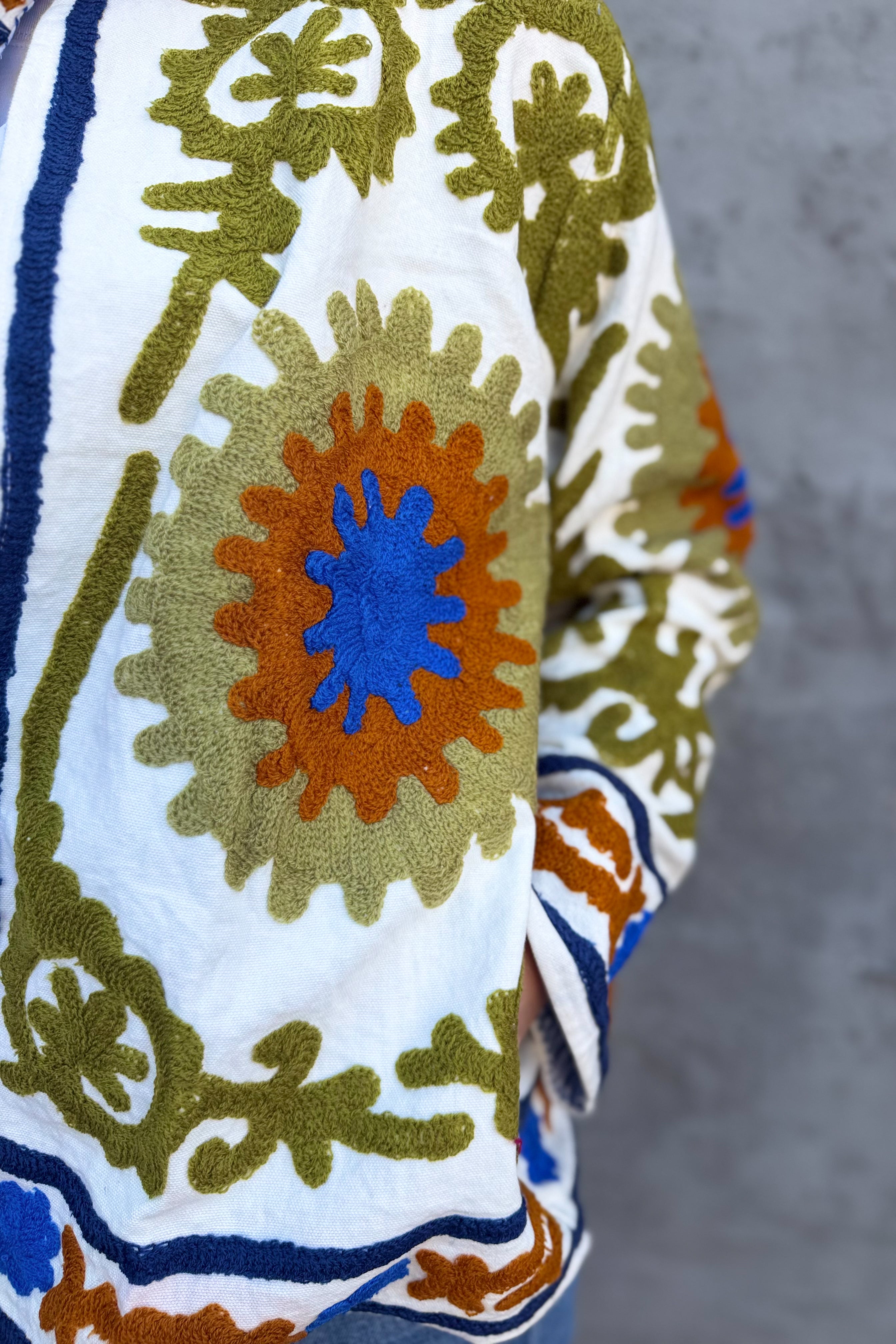 Cotton Suzani Jacket In Milk & Olive