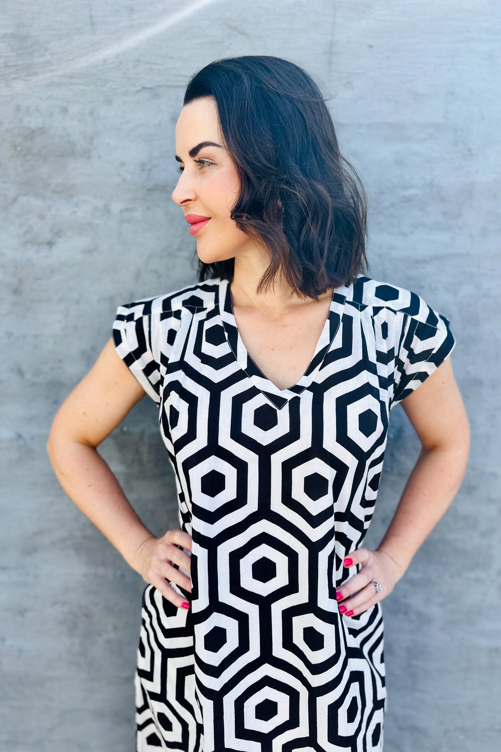Savita Dress In Black & White Geometric