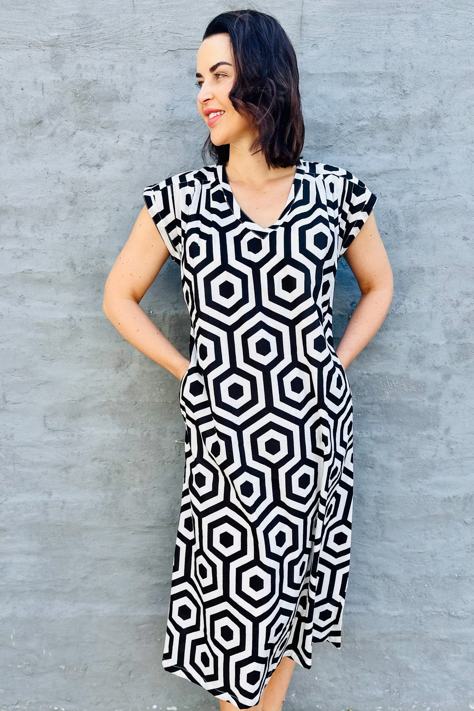Savita Dress In Black & White Geometric