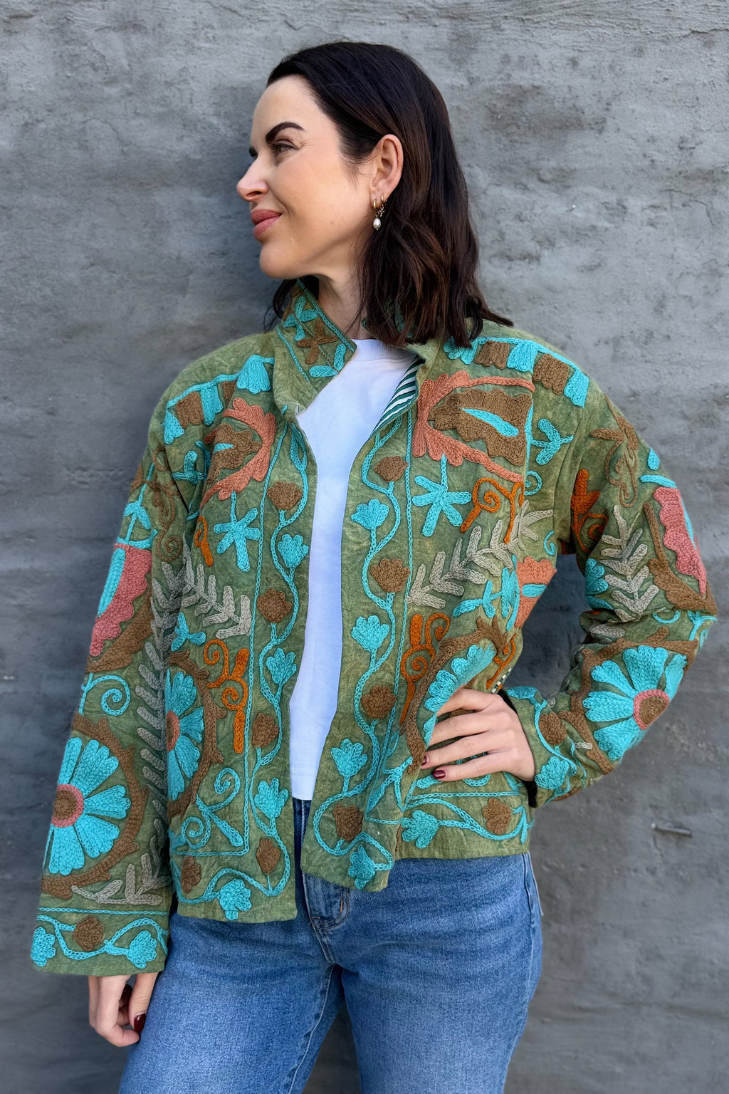 Cotton Suzani Jacket In Olive Sky