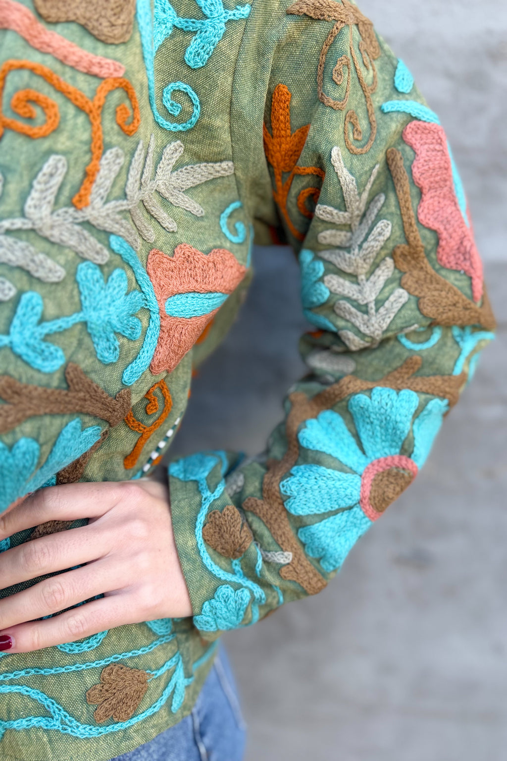 Cotton Suzani Jacket In Olive Sky
