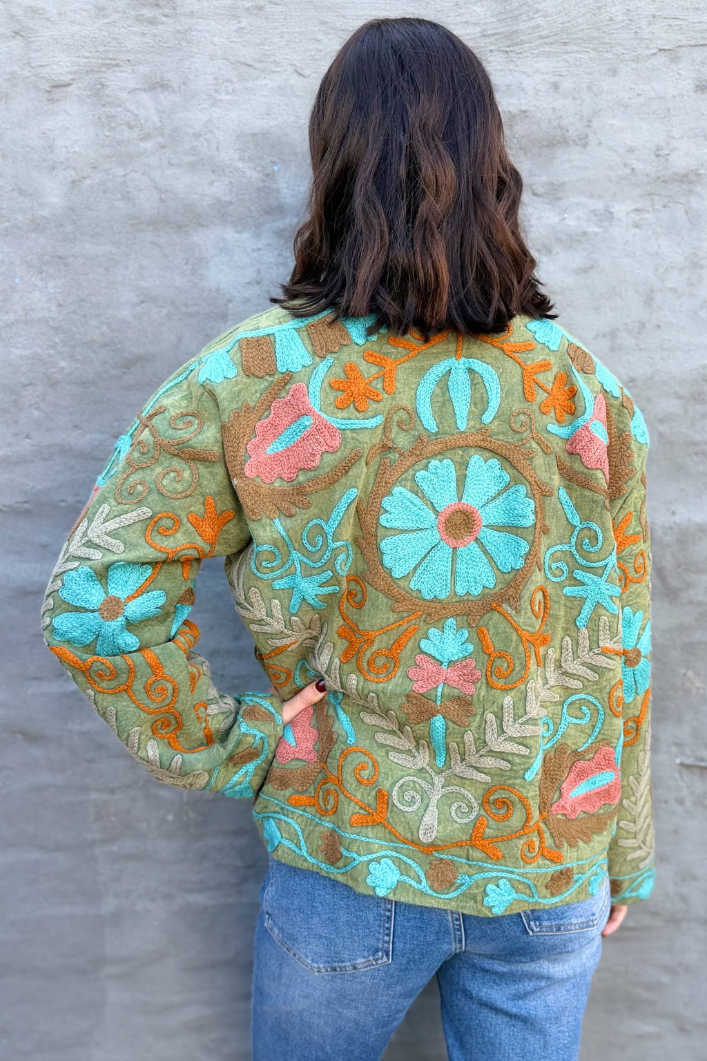 Cotton Suzani Jacket In Olive Sky
