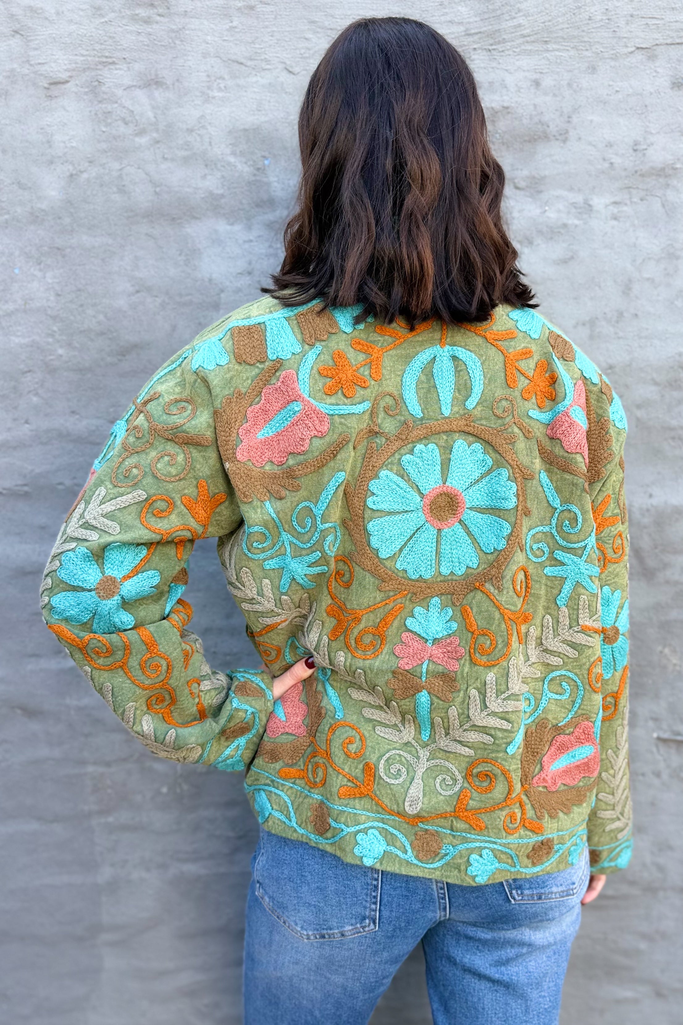 Cotton Suzani Jacket In Olive Sky