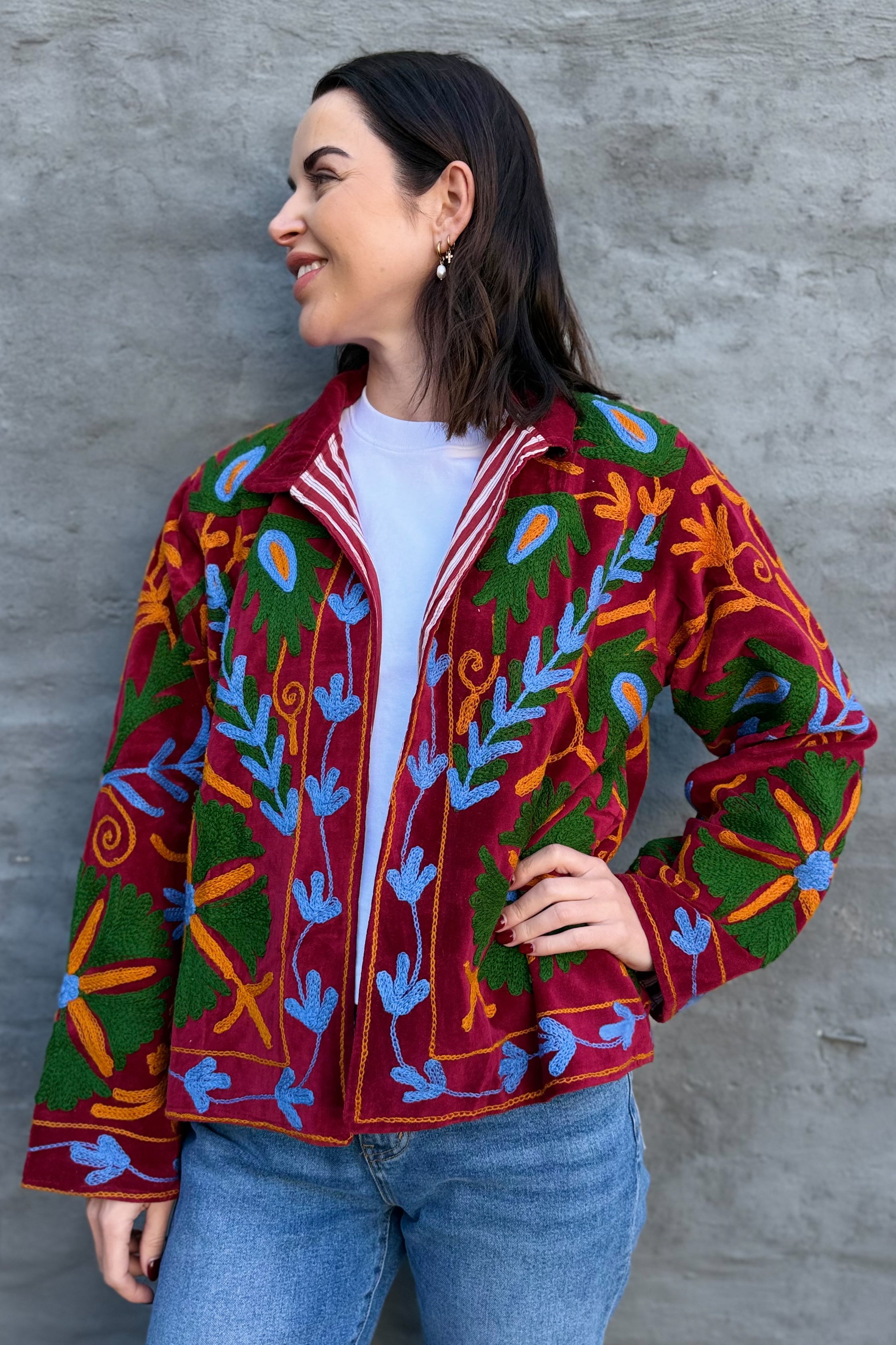 Velvet Suzani Jacket In Scarlet Sage