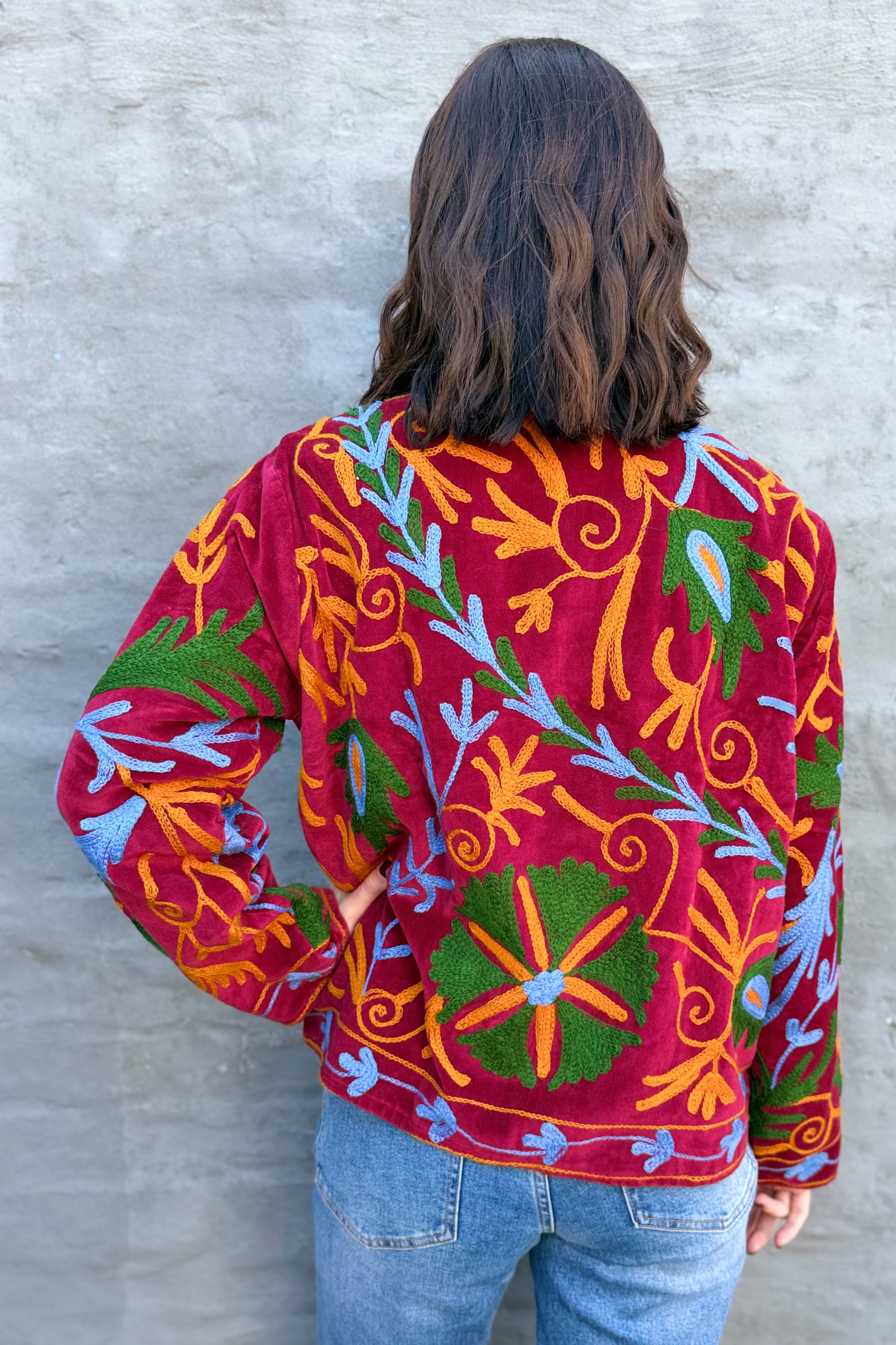 Velvet Suzani Jacket In Scarlet Sage