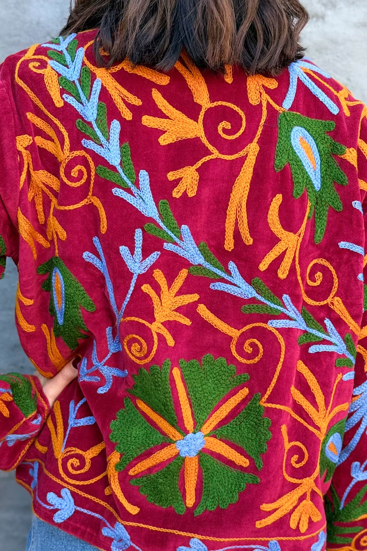 Velvet Suzani Jacket In Scarlet Sage