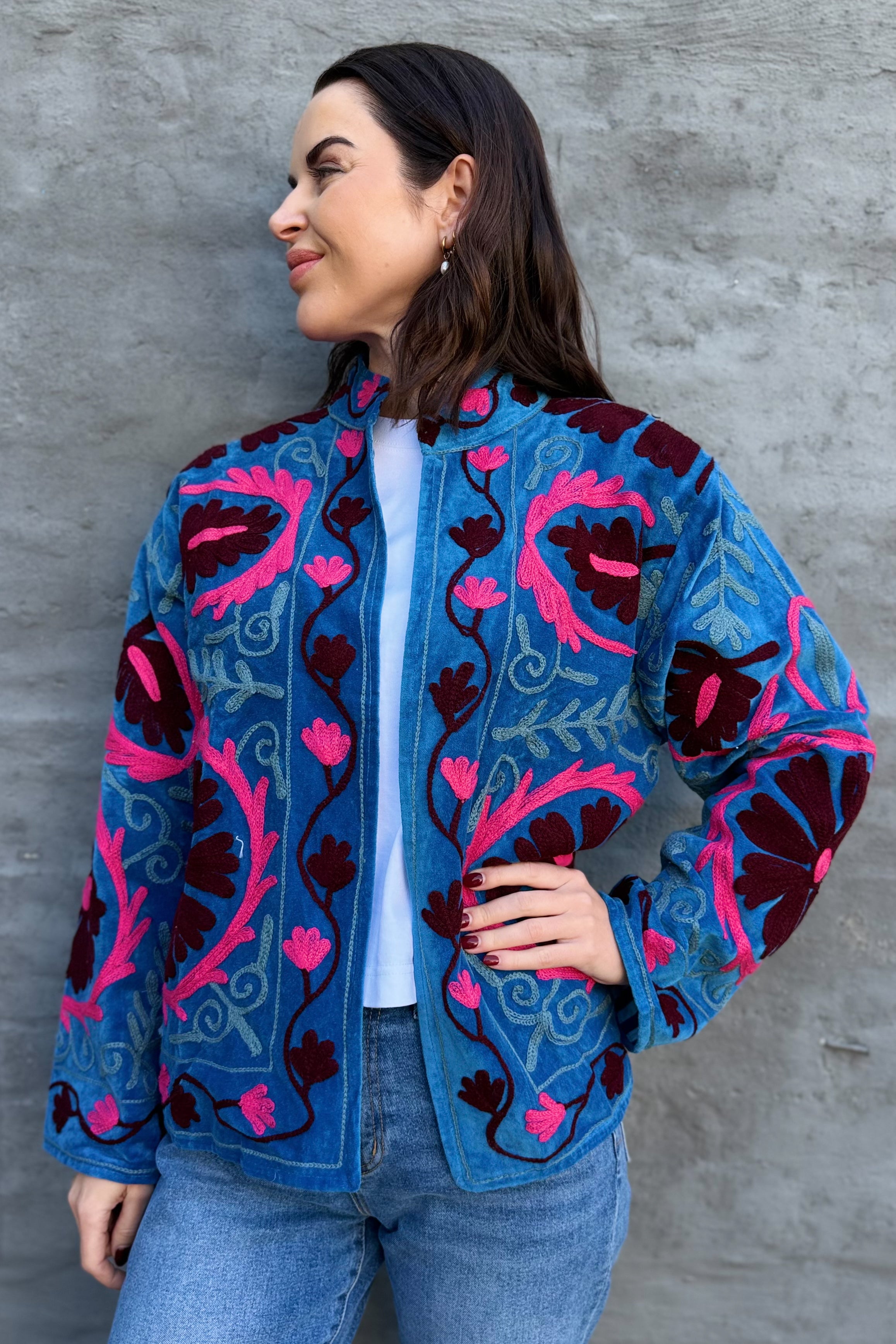 Velvet Suzani Jacket In Baleine Blue