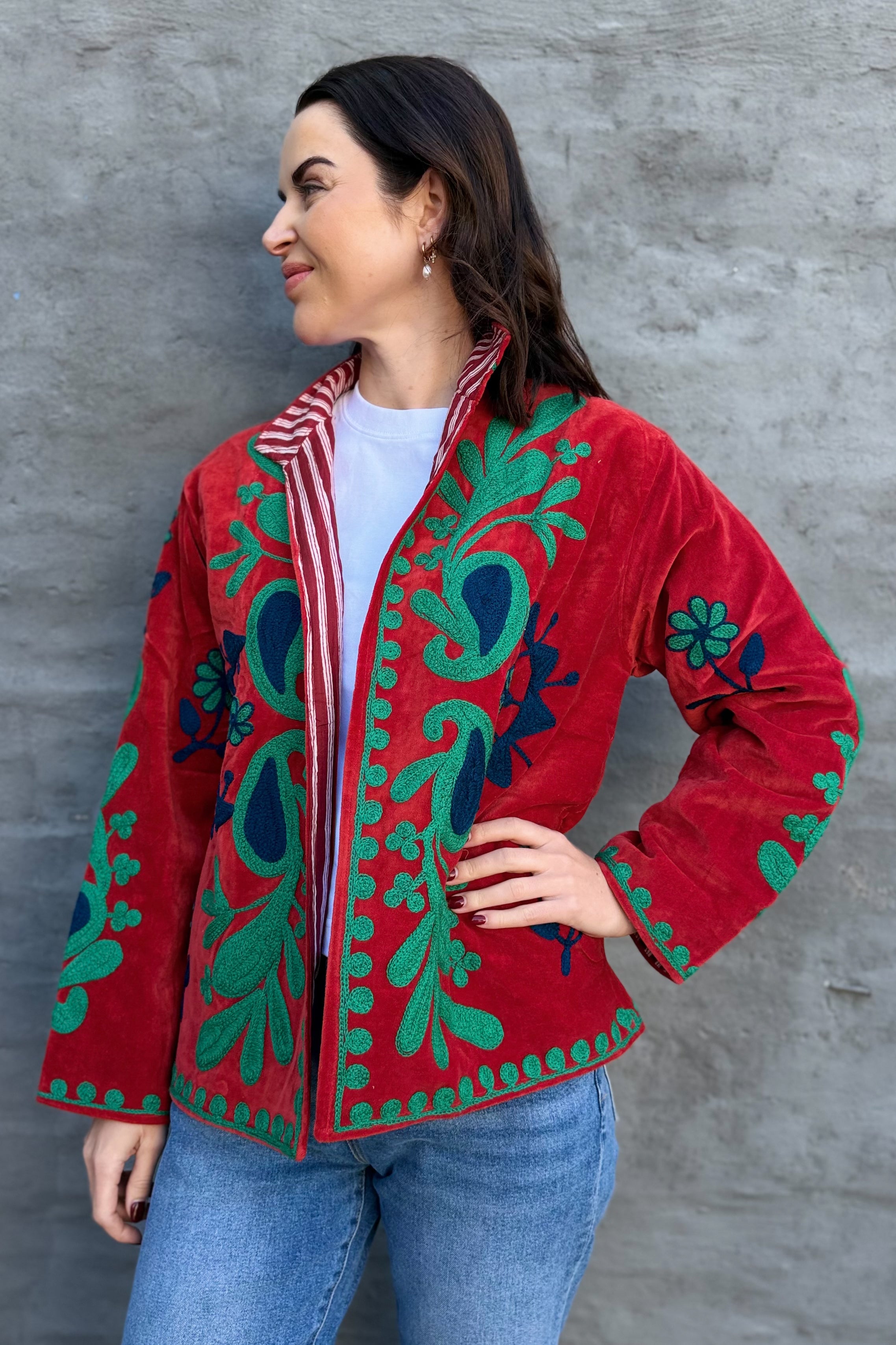 Velvet Suzani Jacket In Tango Red