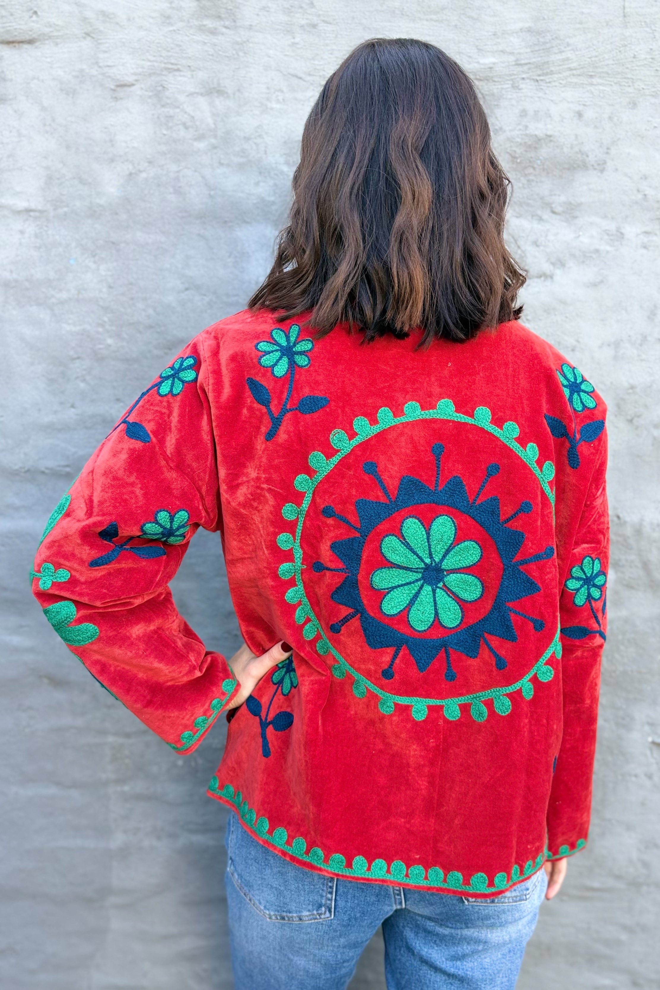 Velvet Suzani Jacket In Tango Red