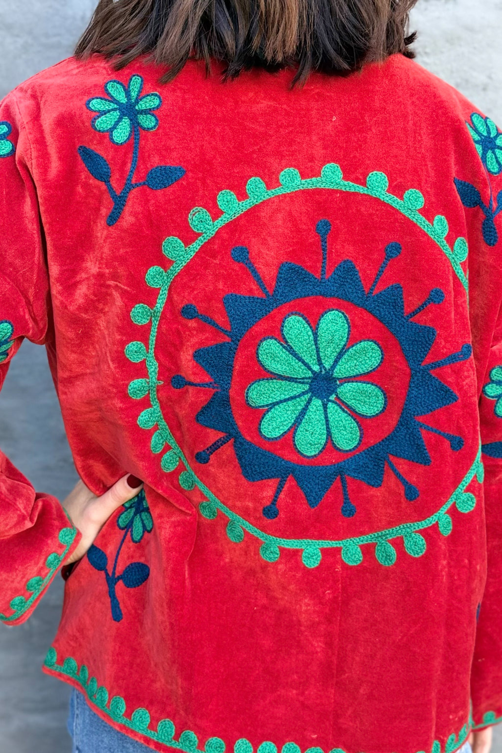 Velvet Suzani Jacket In Tango Red