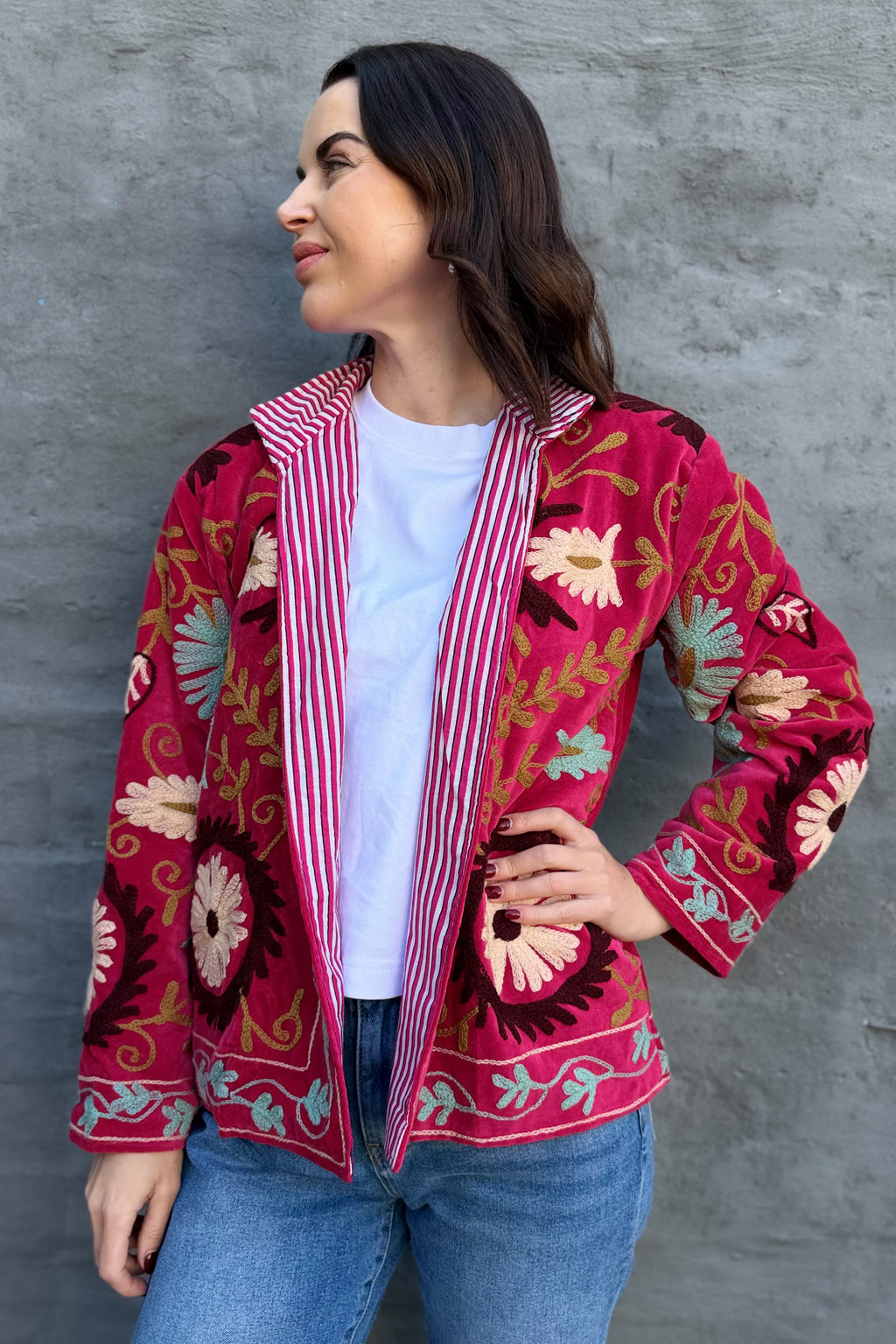 Velvet Suzani Jacket In Raspberry Wine