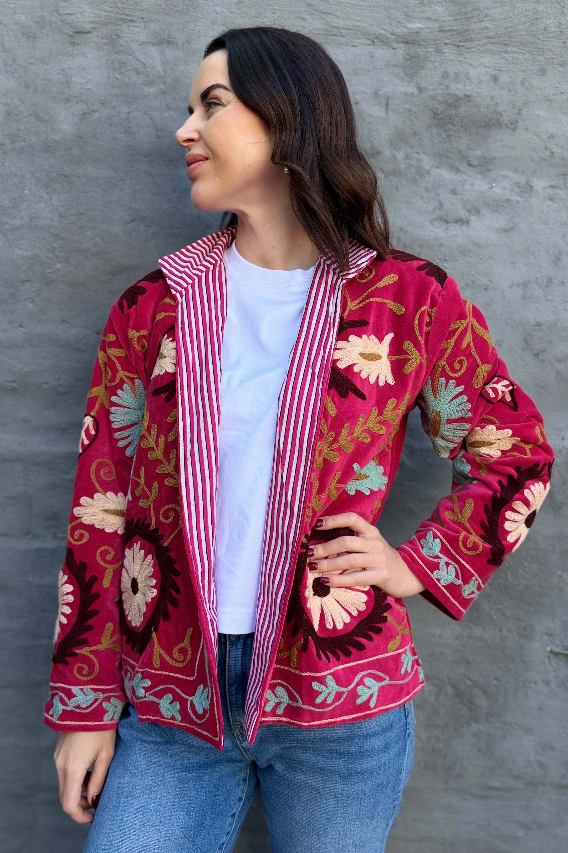 Velvet Suzani Jacket In Raspberry Wine