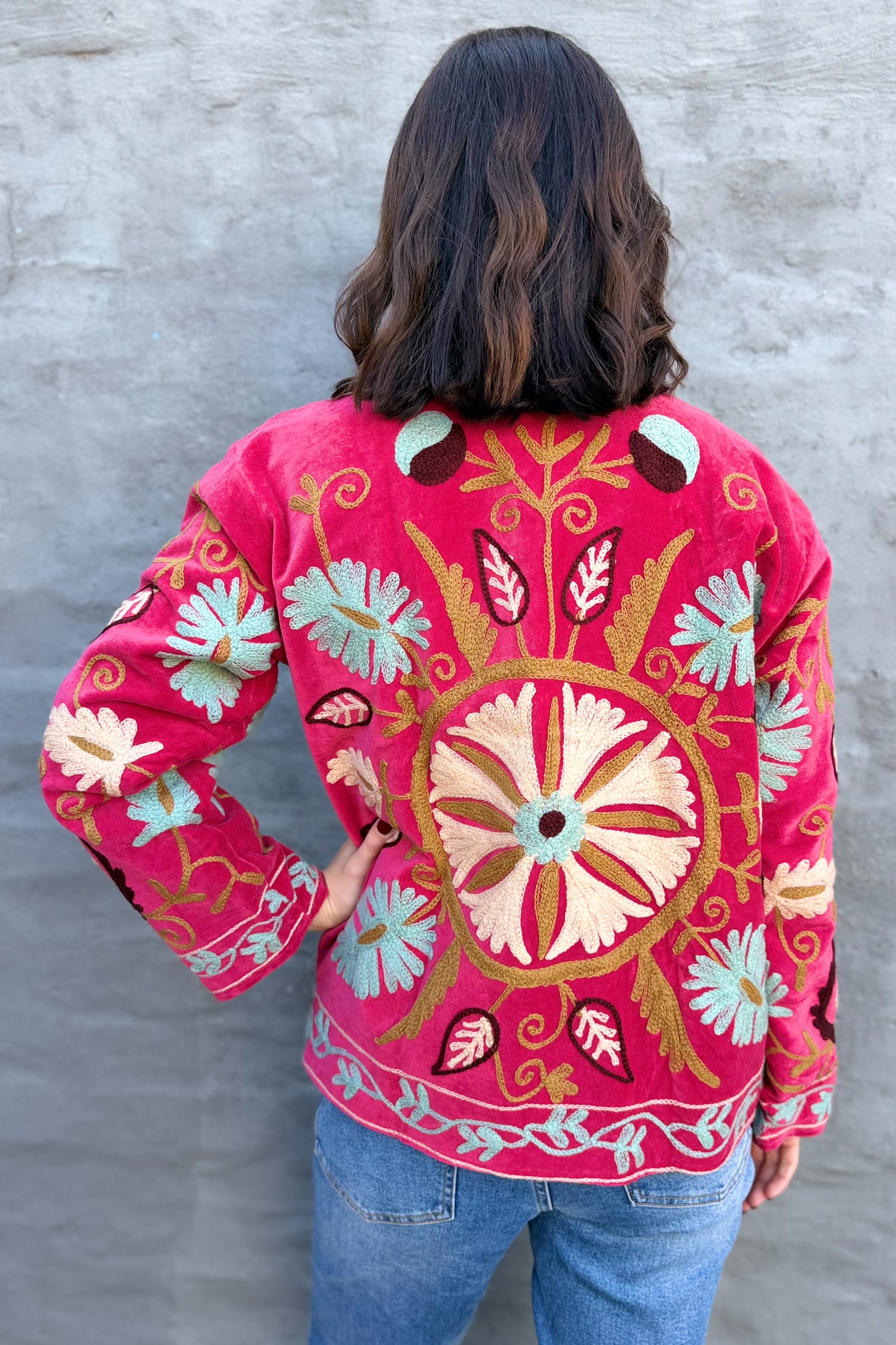 Velvet Suzani Jacket In Raspberry Wine