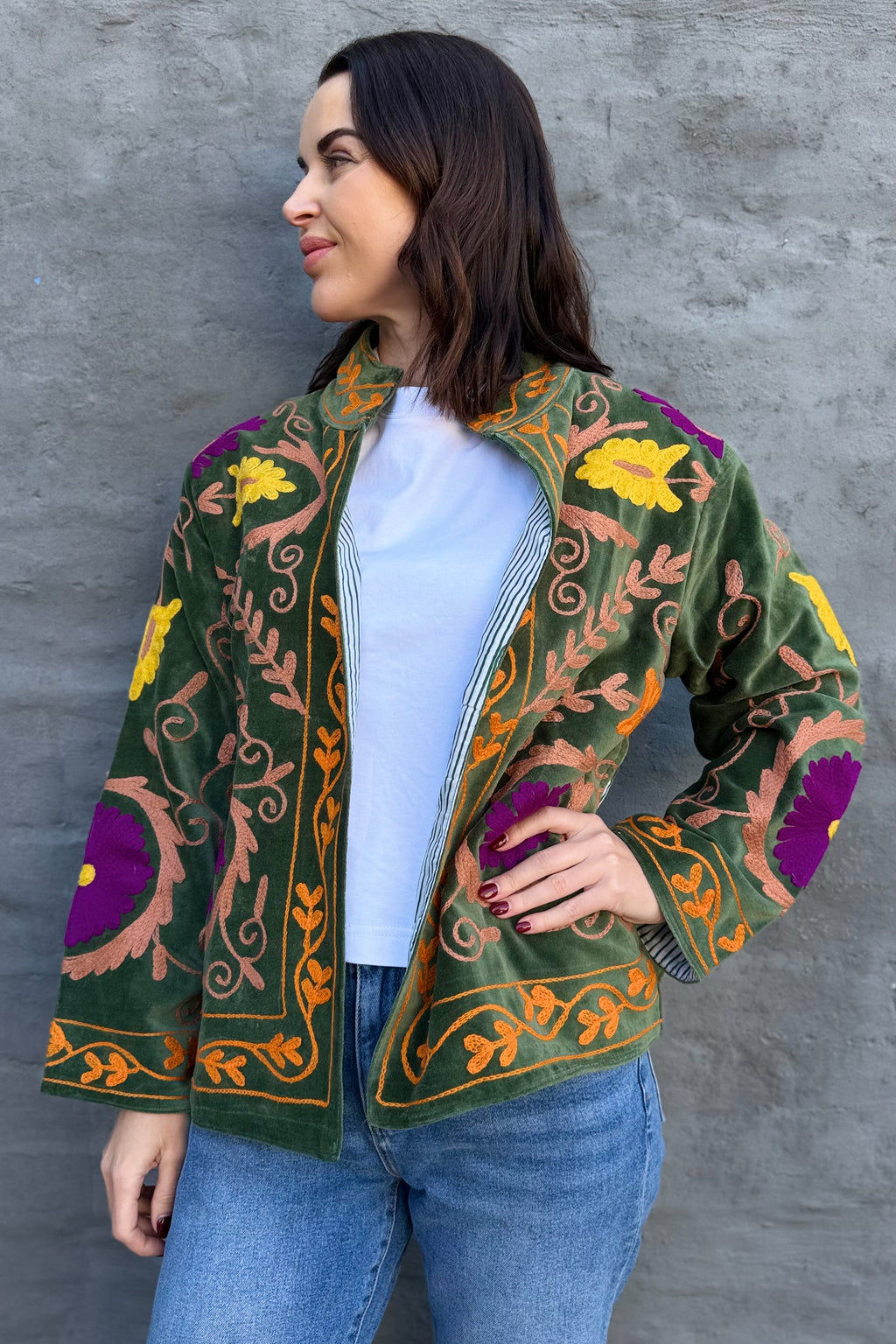 Velvet Suzani Jacket In Green Thyme