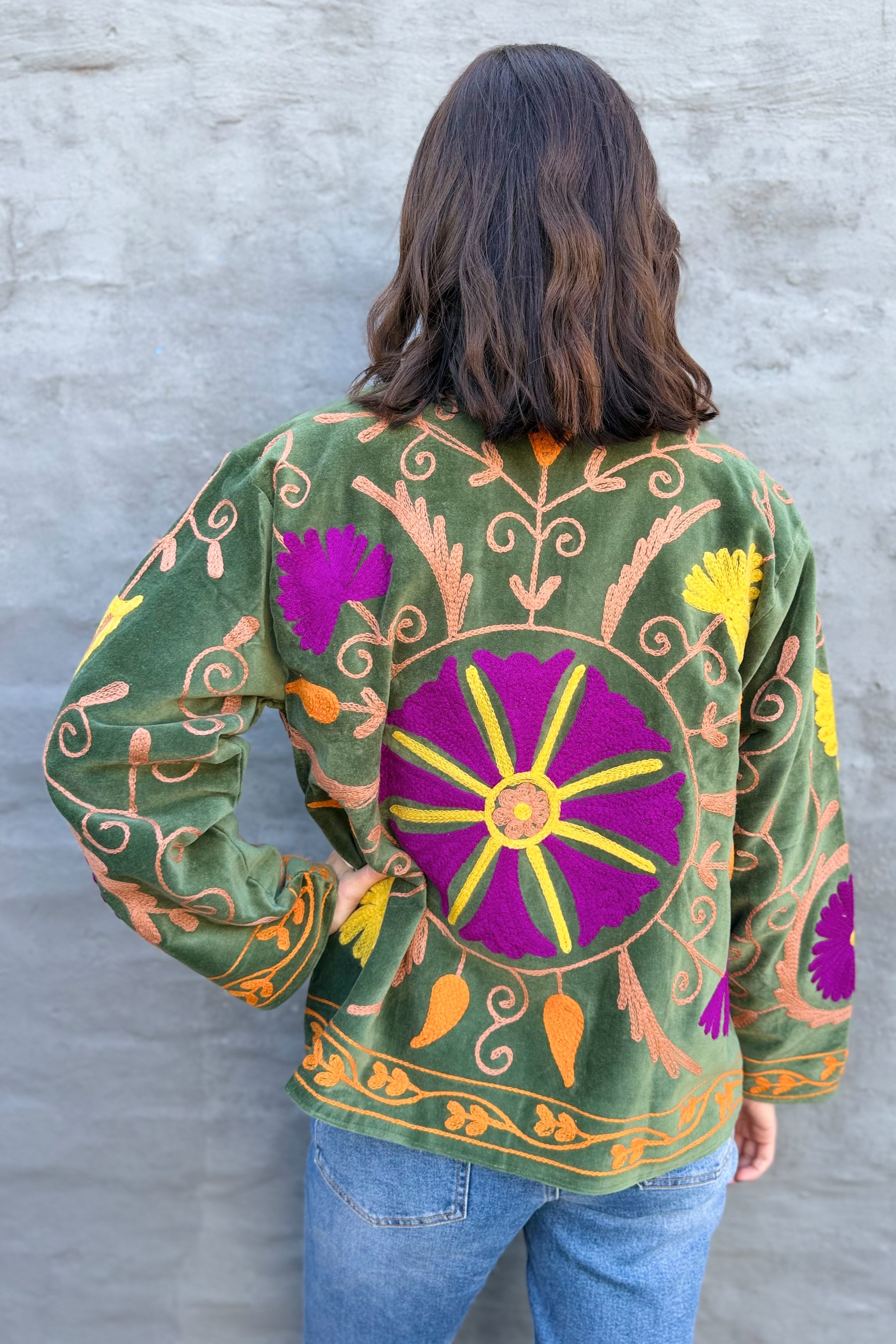 Velvet Suzani Jacket In Green Thyme