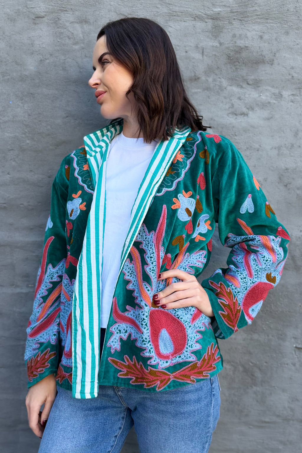 Velvet Suzani Jacket In Deep Peacock