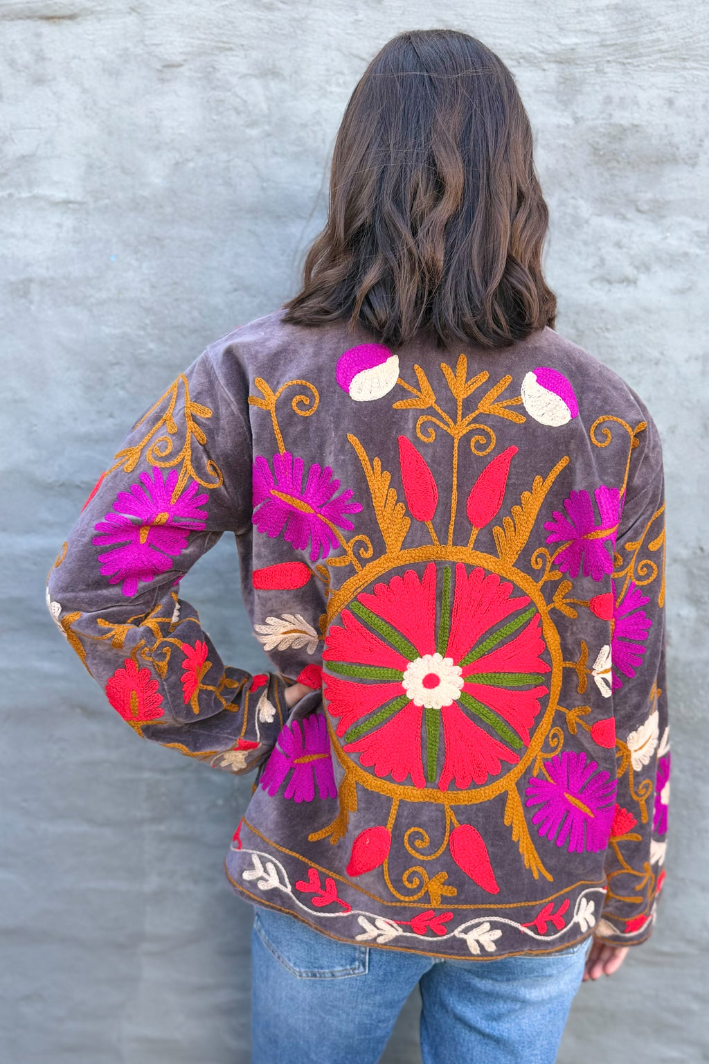 Velvet Suzani Jacket In Black Plum