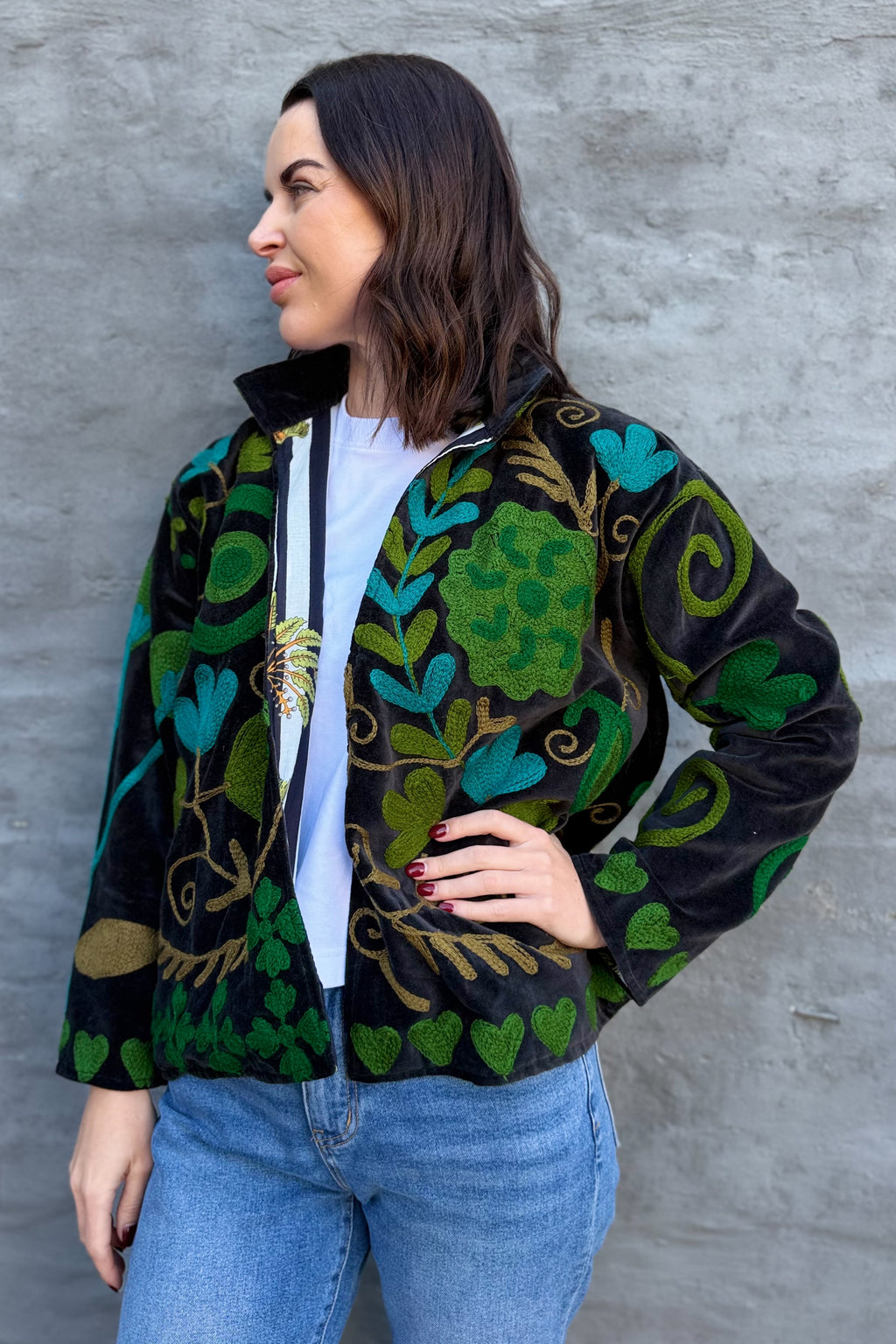 Velvet Suzani Jacket In Black Emerald