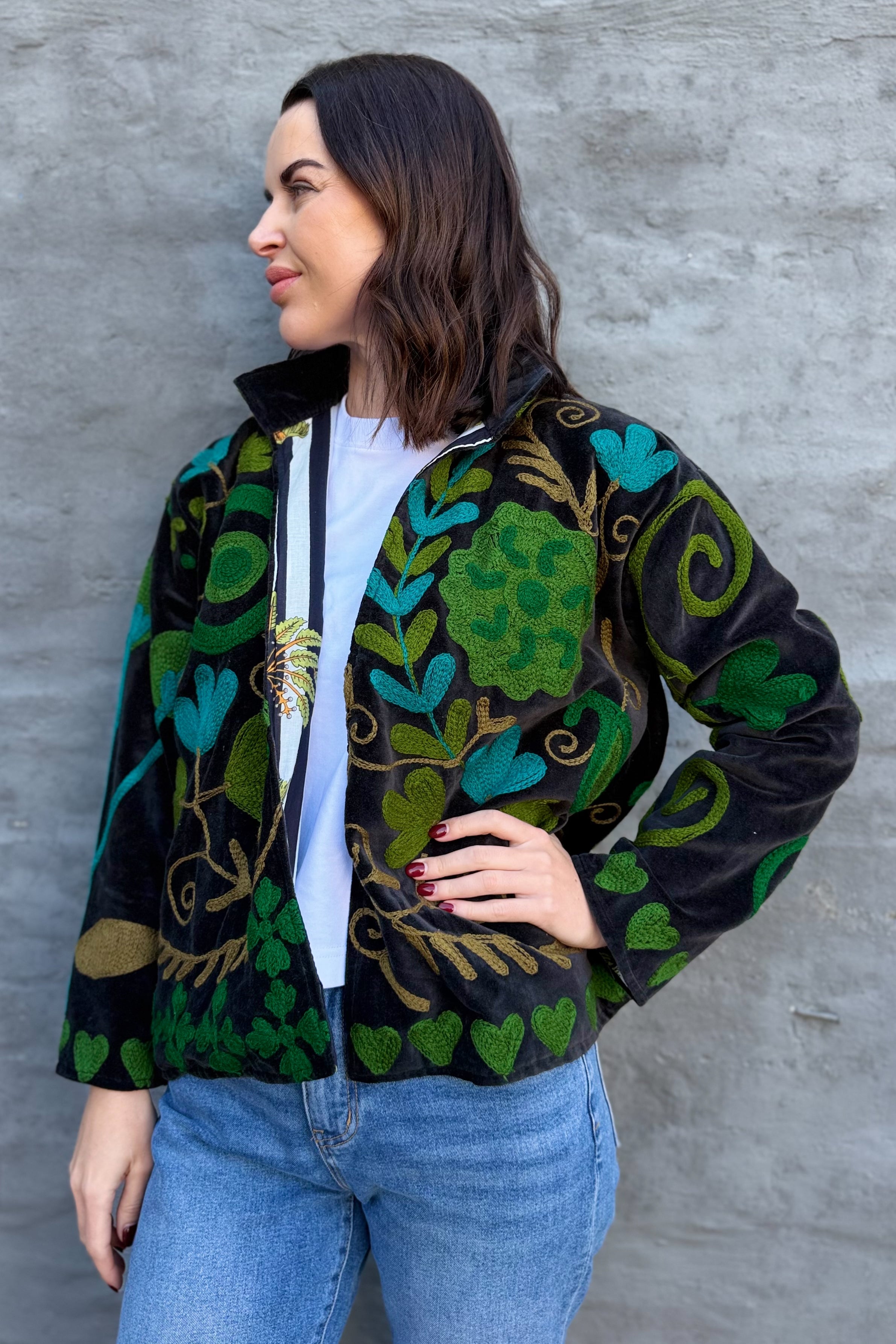 Velvet Suzani Jacket In Black Emerald