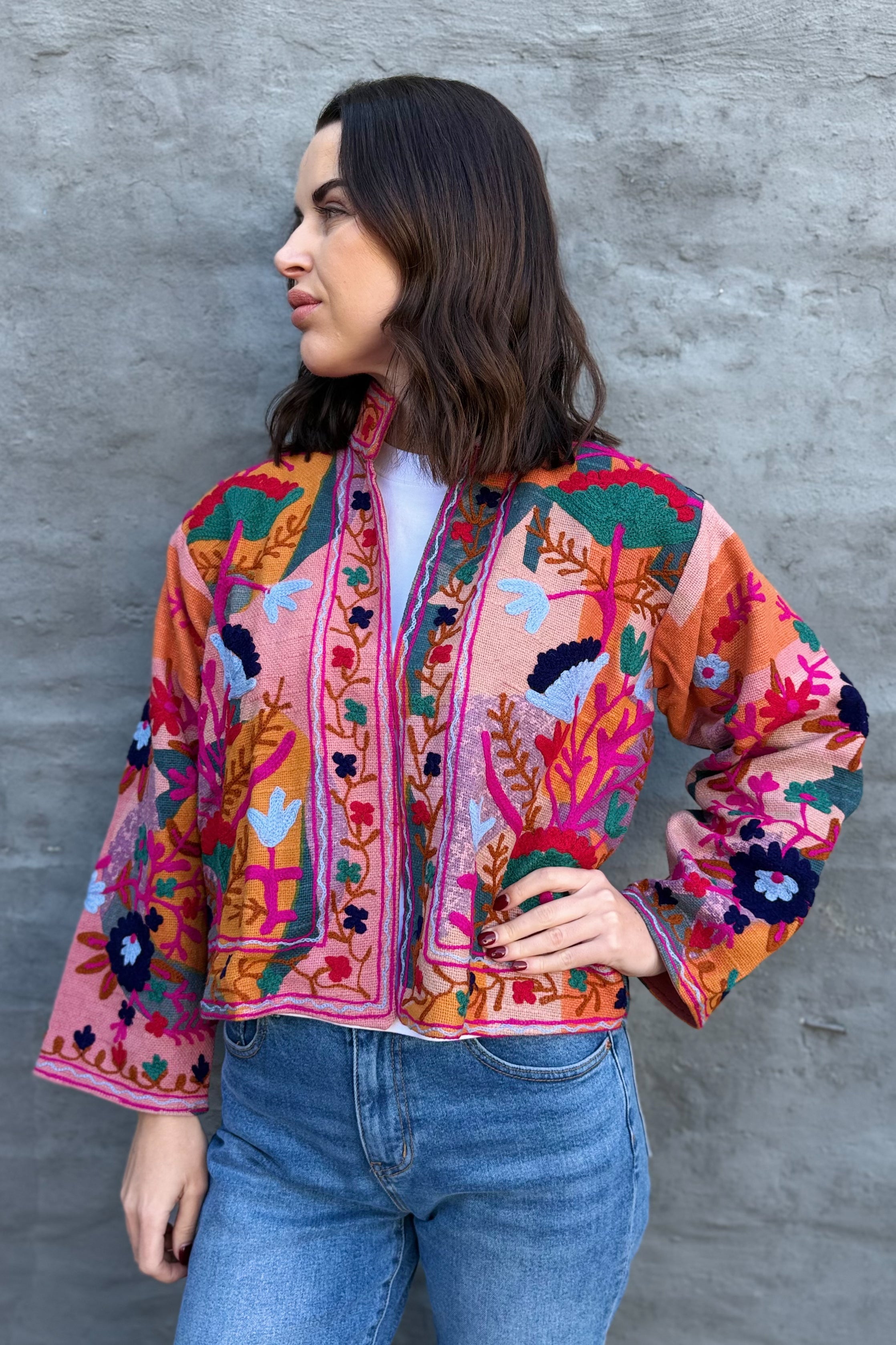 Cotton Suzani Jacket In Blushing Rainbow