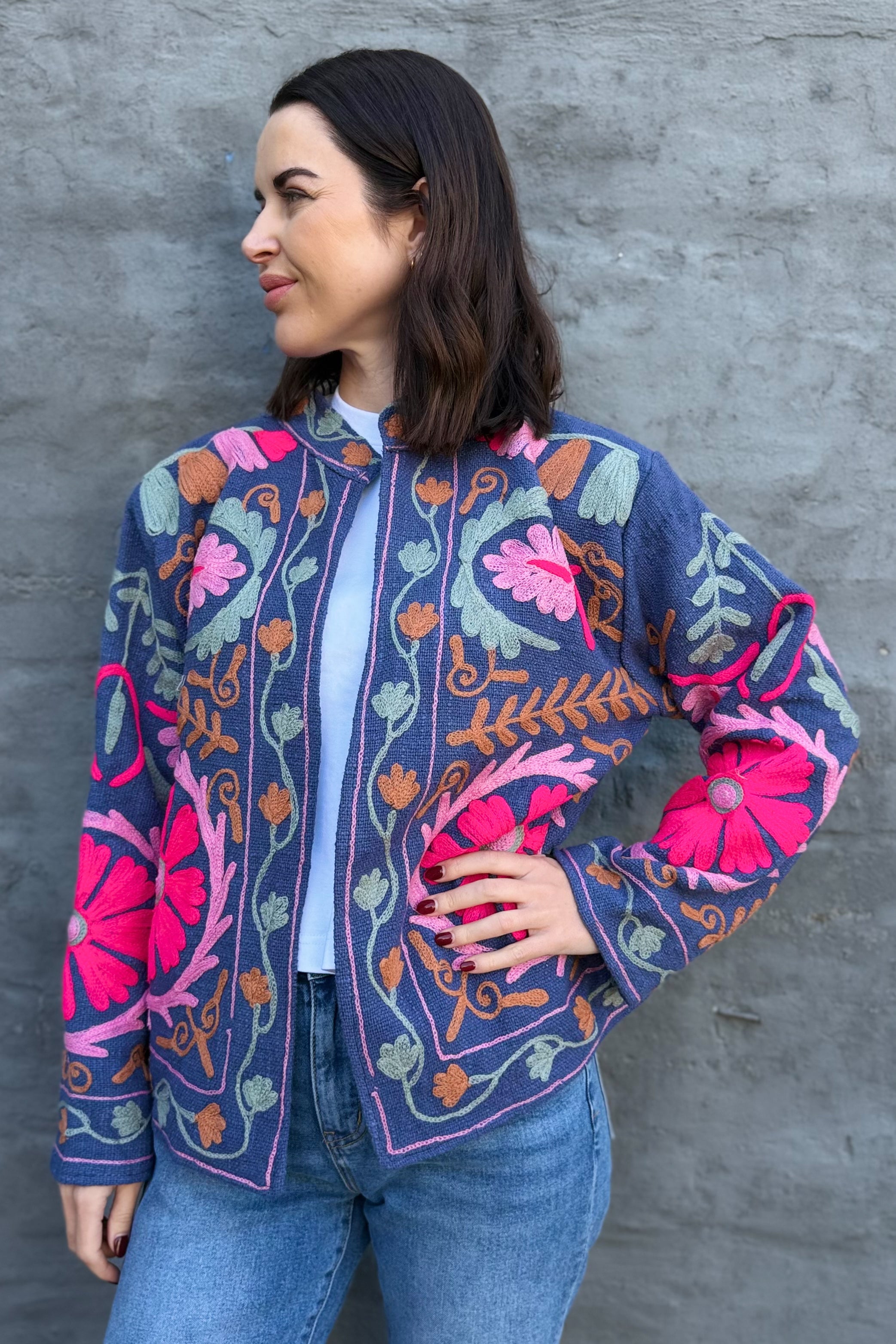 Cotton Suzani Jacket In Riviera Blue