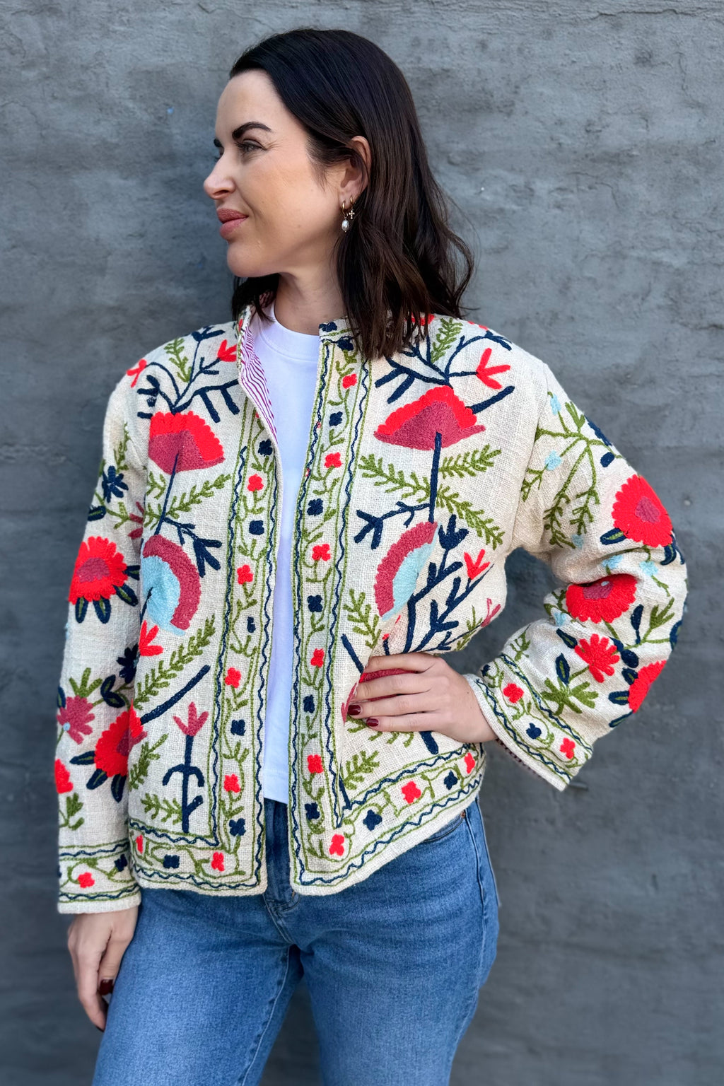 Cotton Suzani Jacket In Light Aloe