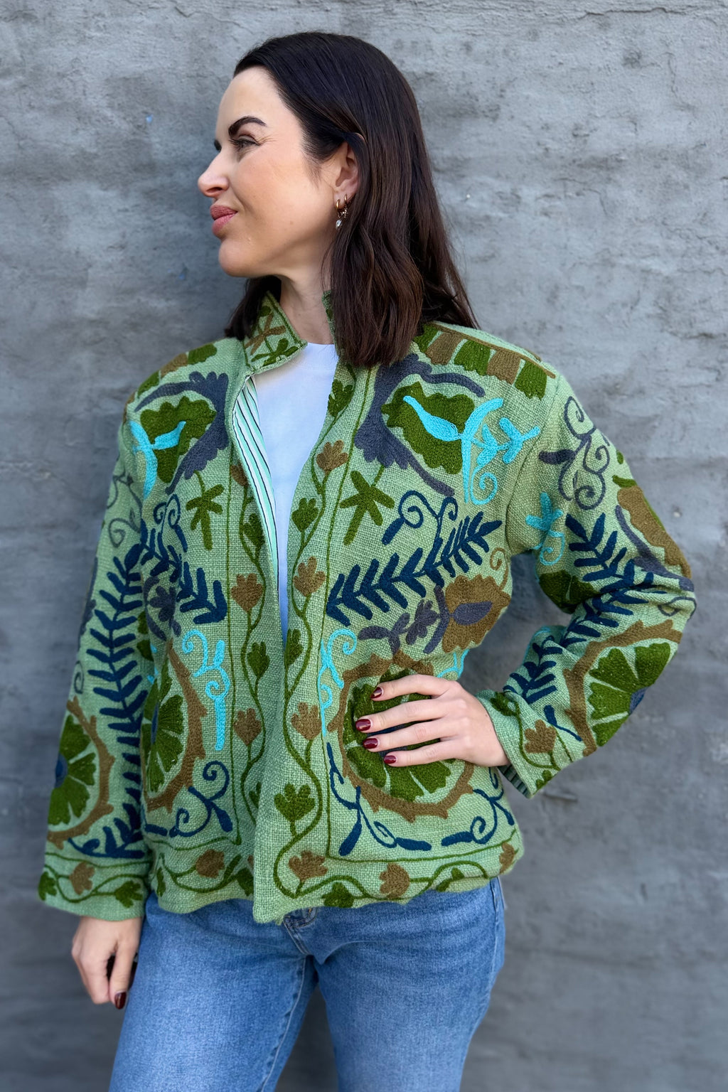 Cotton Suzani Jacket In Green Meadow