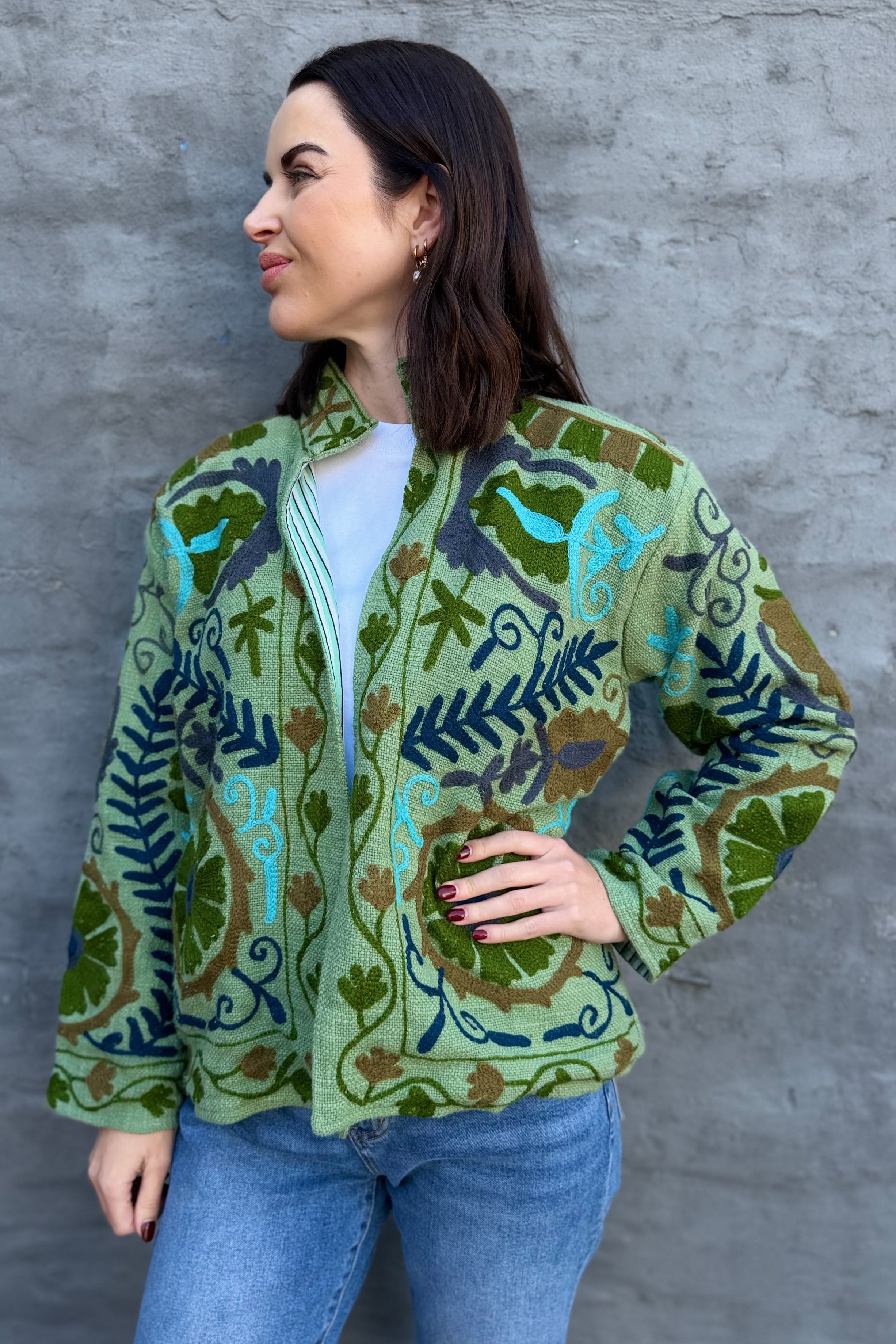Cotton Suzani Jacket In Green Meadow