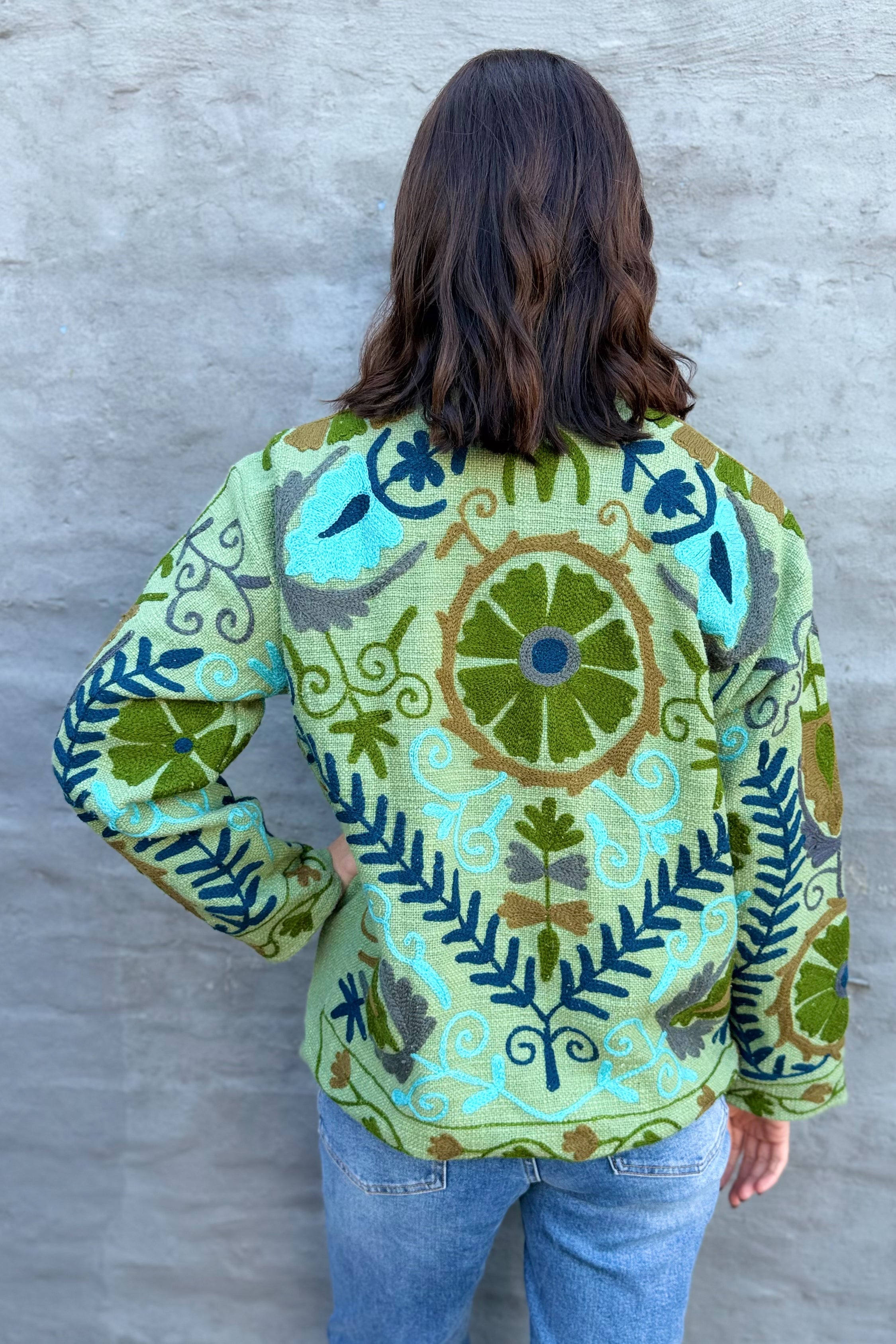 Cotton Suzani Jacket In Green Meadow