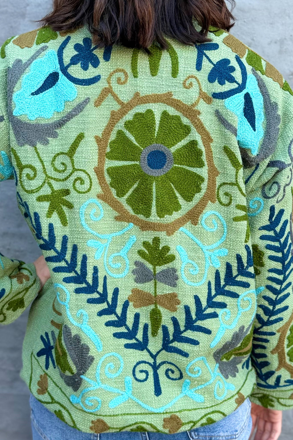 Cotton Suzani Jacket In Green Meadow