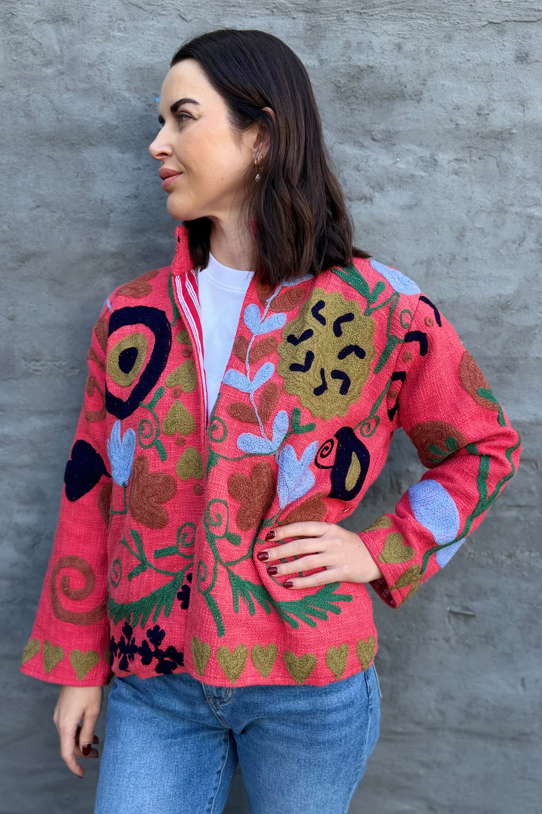 Cotton Suzani Jacket In Spiced Coral