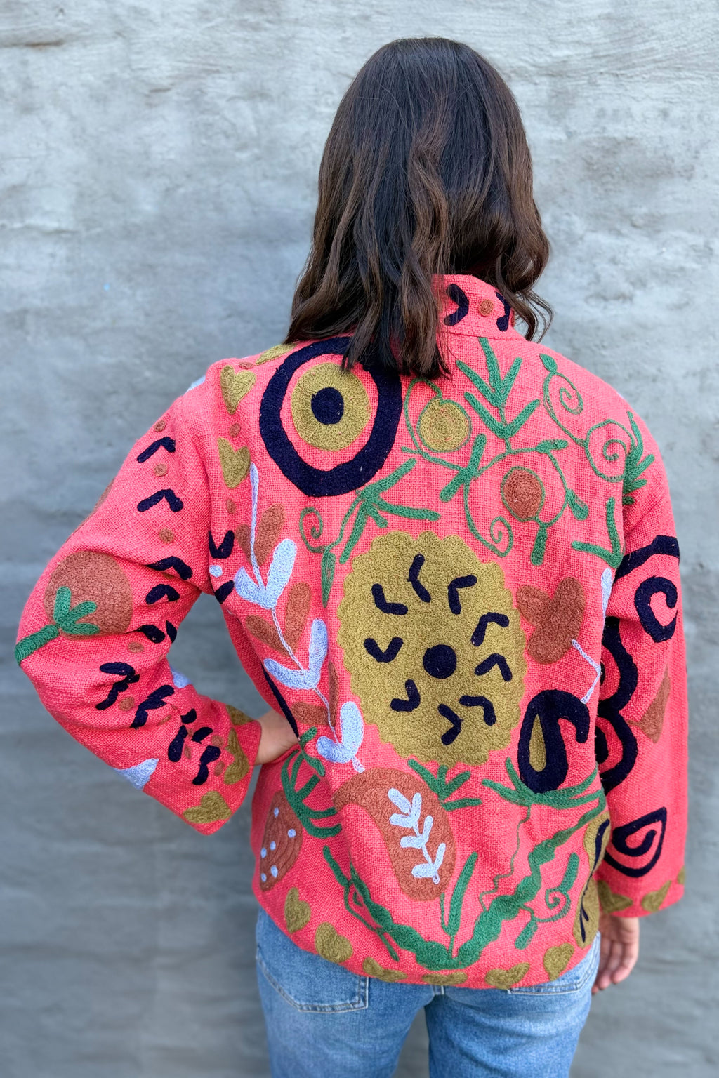 Cotton Suzani Jacket In Spiced Coral