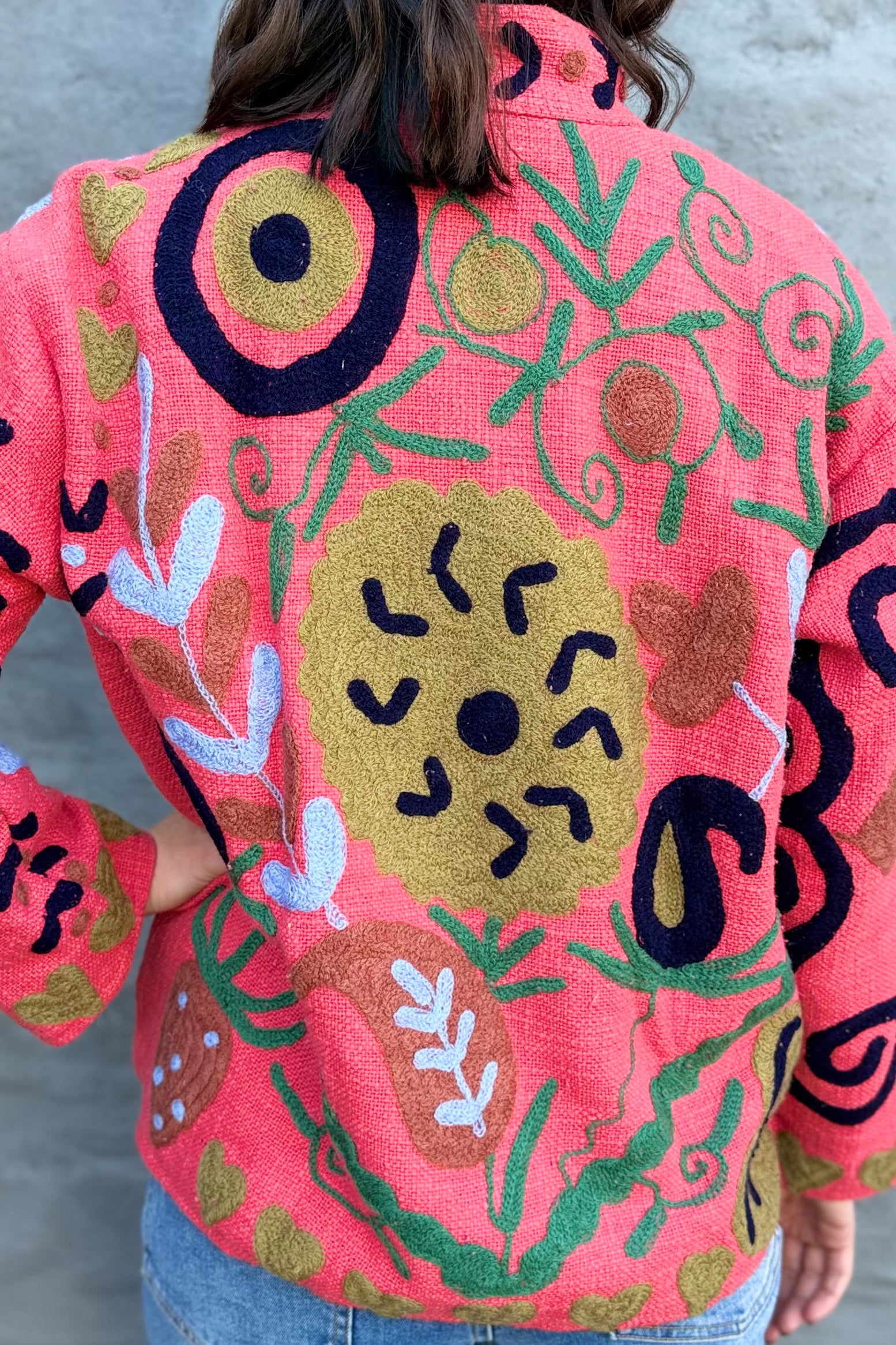 Cotton Suzani Jacket In Spiced Coral