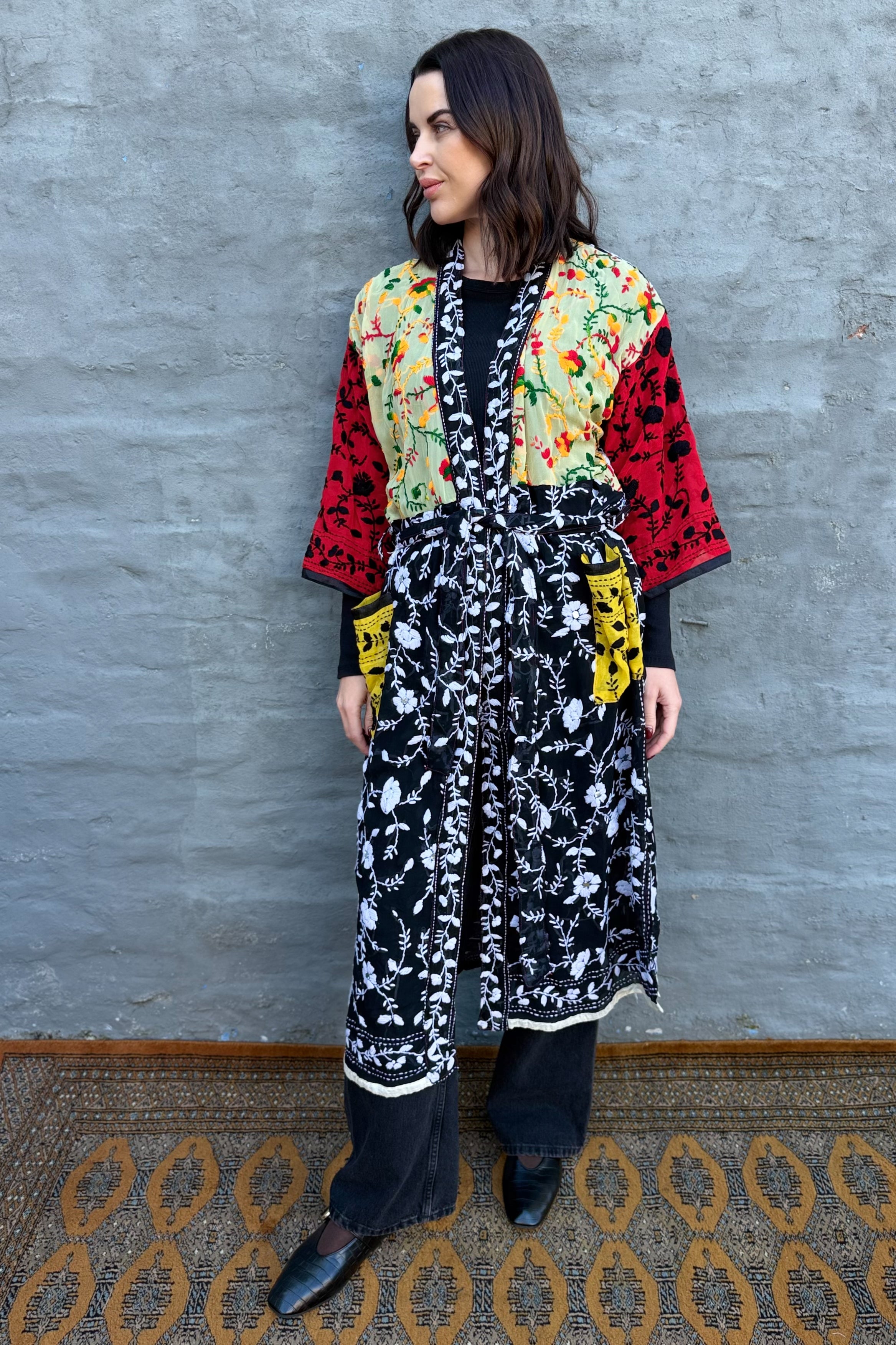 Phulkari Kimono In Scarlet Onyx