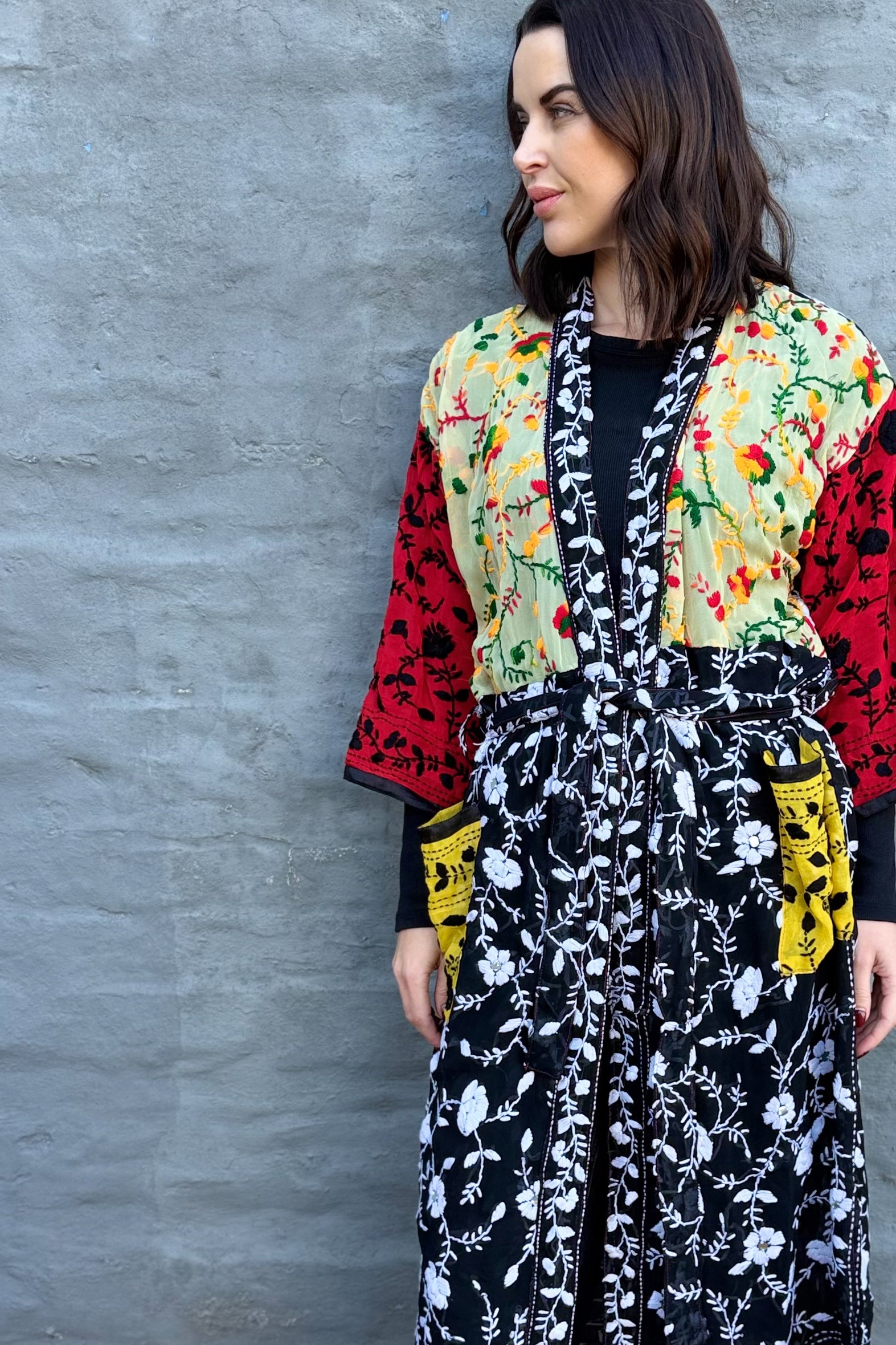Phulkari Kimono In Scarlet Onyx