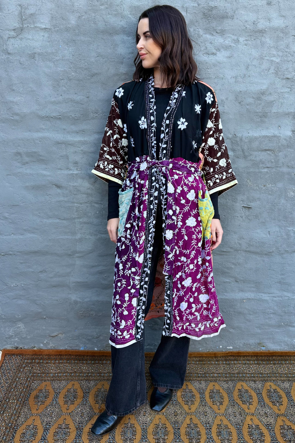 Phulkari Kimono In Violet Tangerine