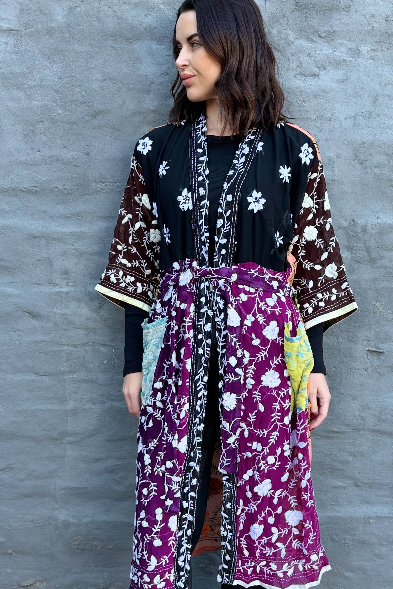 Phulkari Kimono In Violet Tangerine