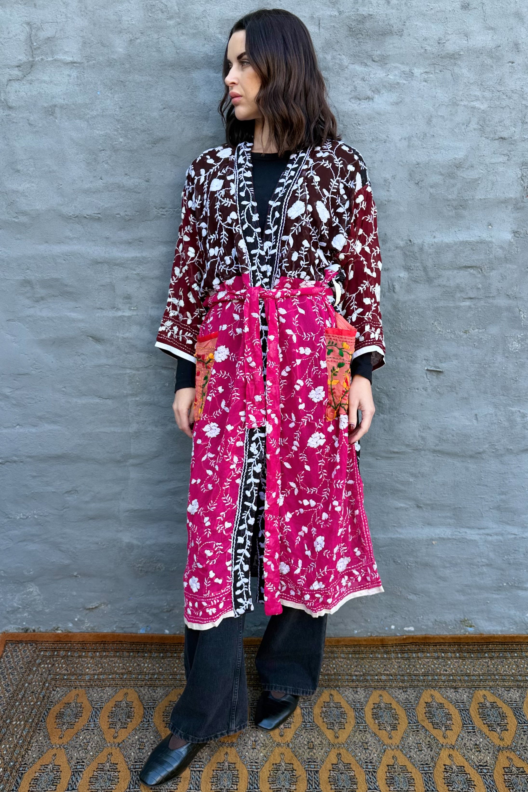 Phulkari Kimono In Fuchsia Wine