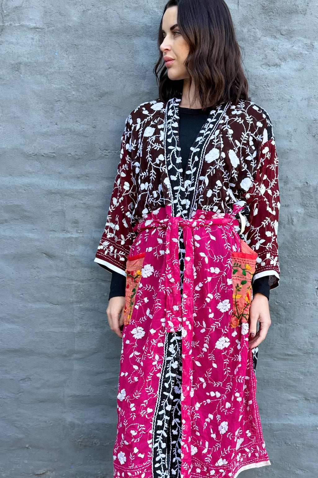 Phulkari Kimono In Fuchsia Wine