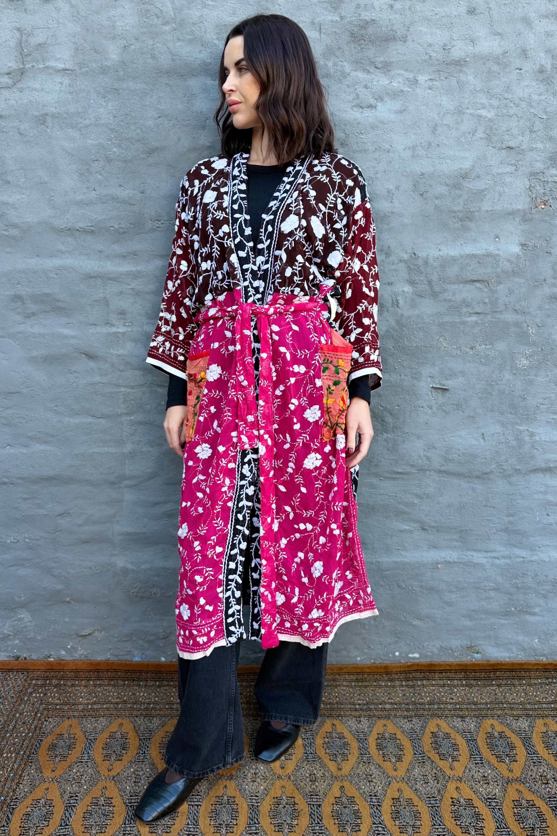 Phulkari Kimono In Fuchsia Wine