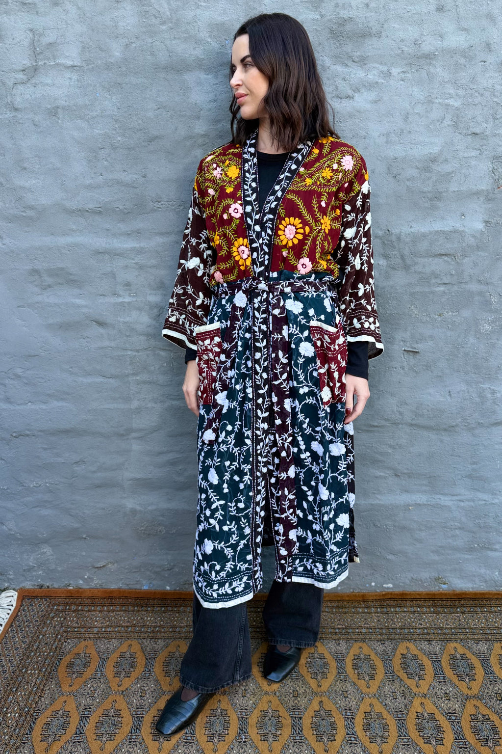 Phulkari Kimono In Midnight Wine