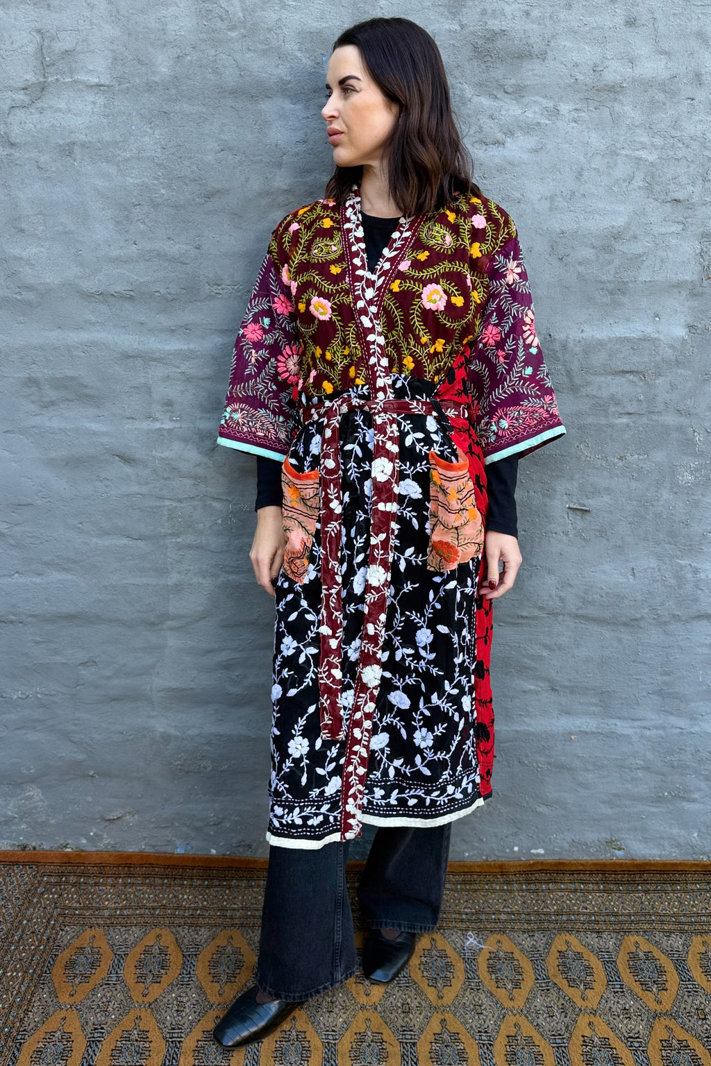 Phulkari Kimono In Dark Ruby