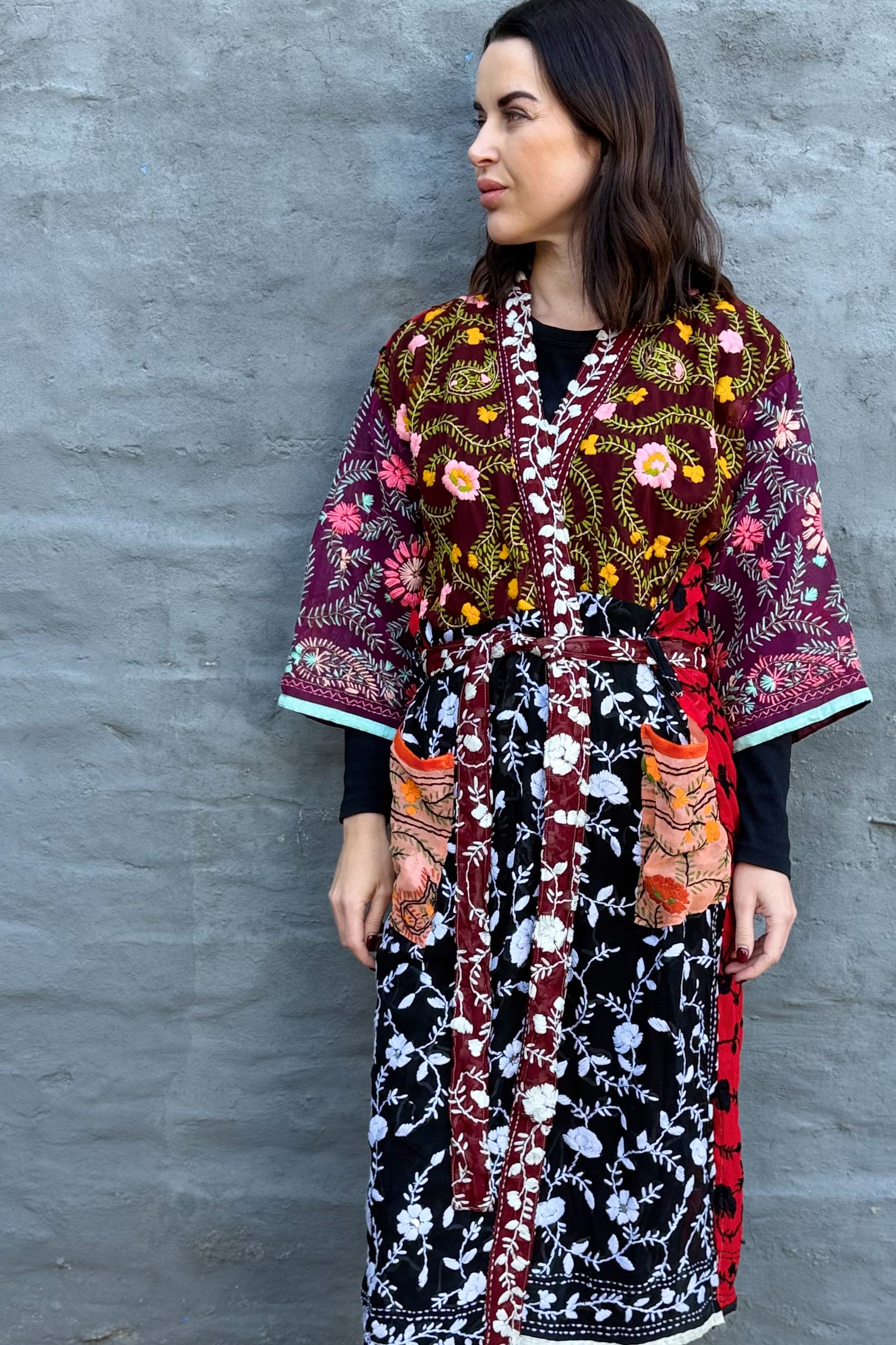Phulkari Kimono In Dark Ruby